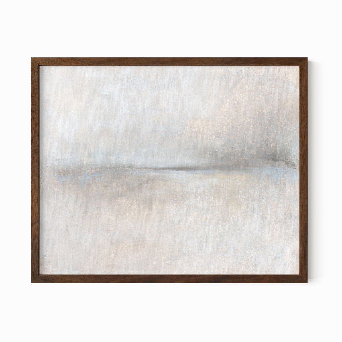 Moment - soft neutral abstract landscape original painting fine are print in beige, pale gray, greige, cream, white, soft charcoal gray, and light blue gray; framed in walnut oak by NLS Design. Large neutral gallery wall art for living rooms, bedrooms, entryways, offices, bathrooms, and above sofas and beds. Modern minimalist quiet luxury, sophisticated, muted earth tones, contemporary art. Artwork by NLS Design, nlsdesignllc.com. Real art by a real artist - NO AI. 