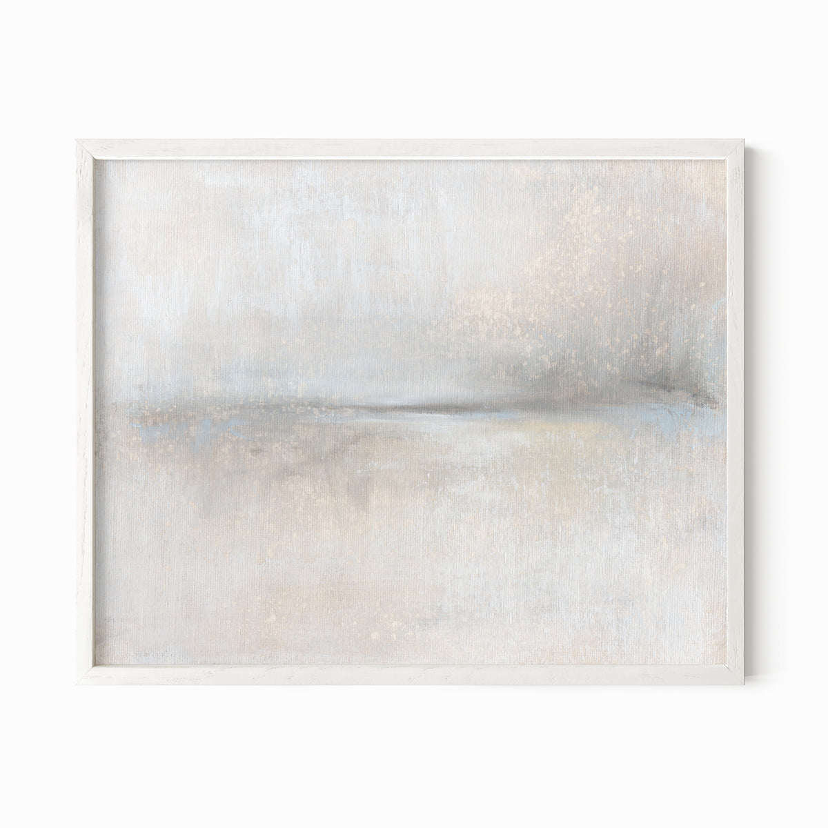 Moment - soft neutral abstract landscape original painting fine are print in beige, pale gray, greige, cream, white, soft charcoal gray, and light blue gray; framed in white oak by NLS Design. Large neutral gallery wall art for living rooms, bedrooms, entryways, offices, bathrooms, and above sofas and beds. Modern minimalist quiet luxury, sophisticated, muted earth tones, contemporary art. Artwork by NLS Design, nlsdesignllc.com. Real art by a real artist - NO AI. 