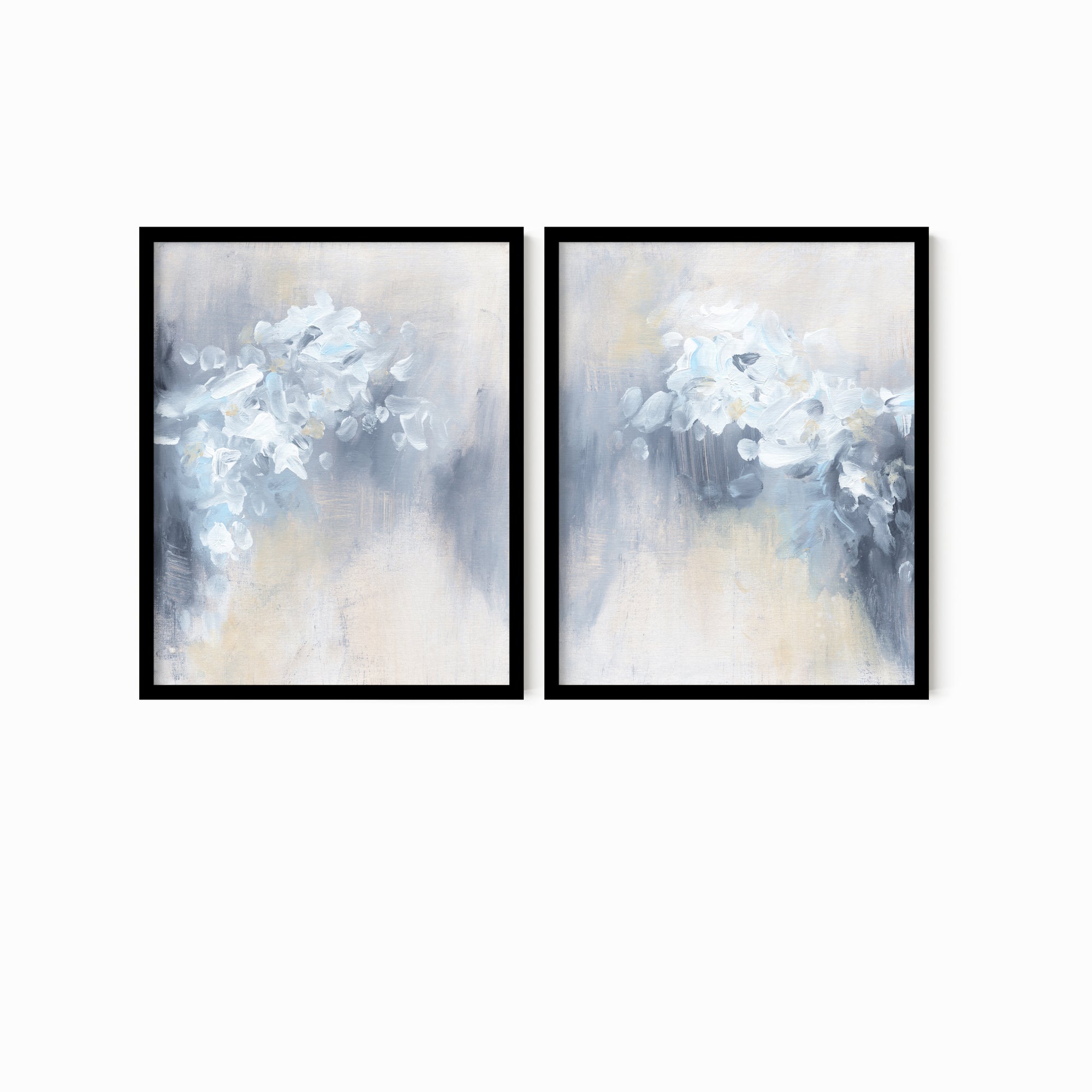 Set of 2 Novelle - abstract botanical floral original painting fine are print set of 2 (diptych) in blue, navy, light blue, light gray, cream, creamy yellow, and white; framed in black oak by NLS Design. Large neutral wall art for living rooms, bedrooms, entryways, offices, bathrooms, and above sofas and beds. Modern farmhouse, rustic, modern, minimalist, vintage design, flowers, leaves, plants, feminine, elegant, organic modern. nlsdesignllc.com