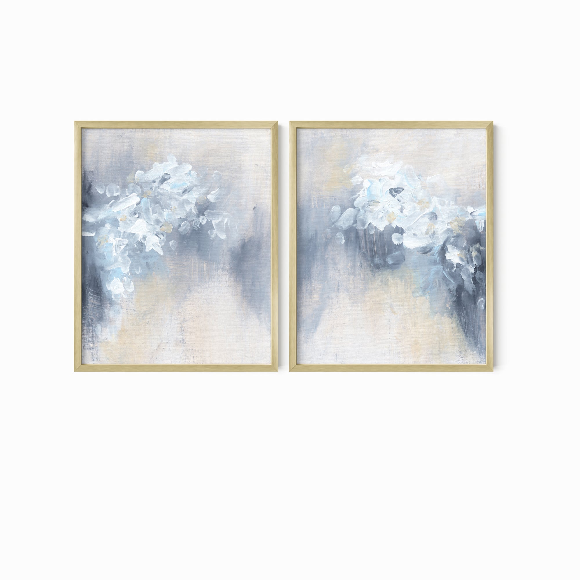 Set of 2 Novelle - abstract botanical floral original painting fine are print set of 2 (diptych) in blue, navy, light blue, light gray, cream, creamy yellow, and white; framed in gold metal by NLS Design. Large neutral wall art for living rooms, bedrooms, entryways, offices, bathrooms, and above sofas and beds. Modern farmhouse, rustic, modern, minimalist, vintage design, flowers, leaves, plants, feminine, elegant, organic modern. nlsdesignllc.com