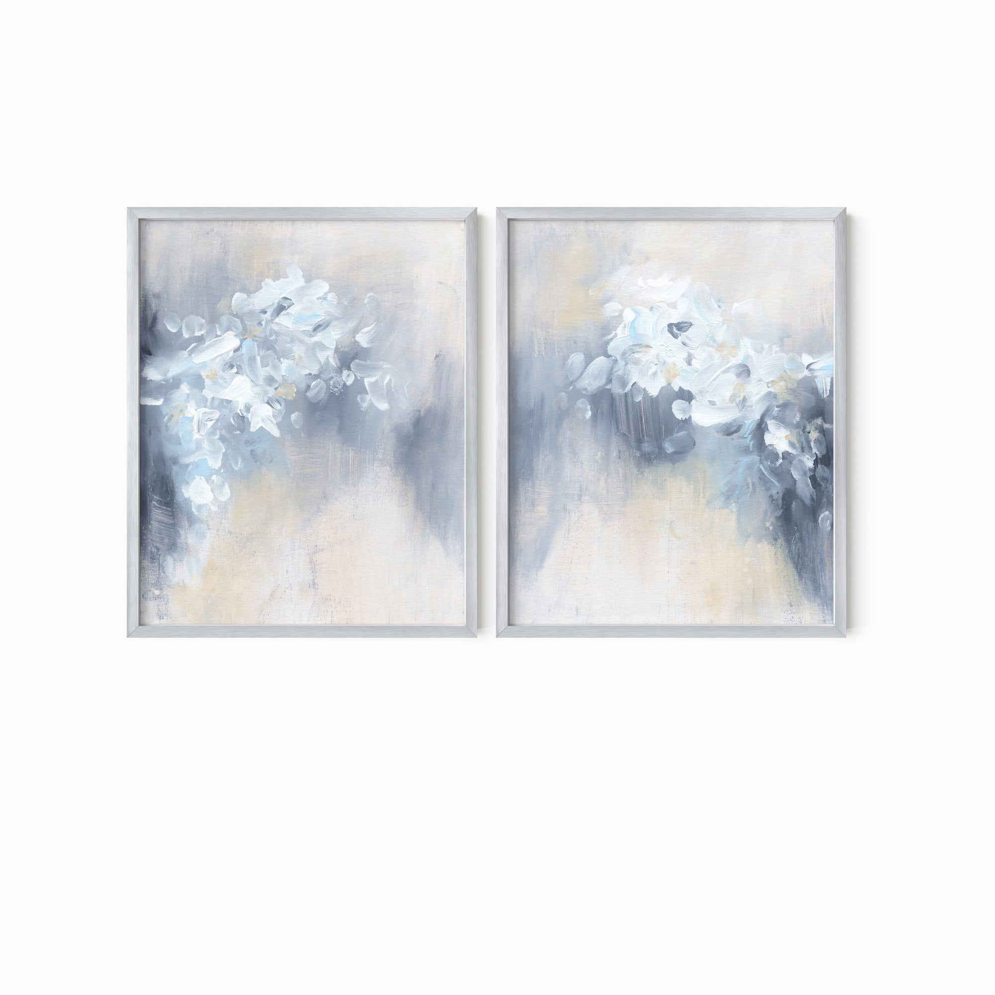 Set of 2 Novelle - abstract botanical floral original painting fine are print set of 2 (diptych) in blue, navy, light blue, light gray, cream, creamy yellow, and white; framed in silver metal by NLS Design. Large neutral wall art for living rooms, bedrooms, entryways, offices, bathrooms, and above sofas and beds. Modern farmhouse, rustic, modern, minimalist, vintage design, flowers, leaves, plants, feminine, elegant, organic modern. nlsdesignllc.com