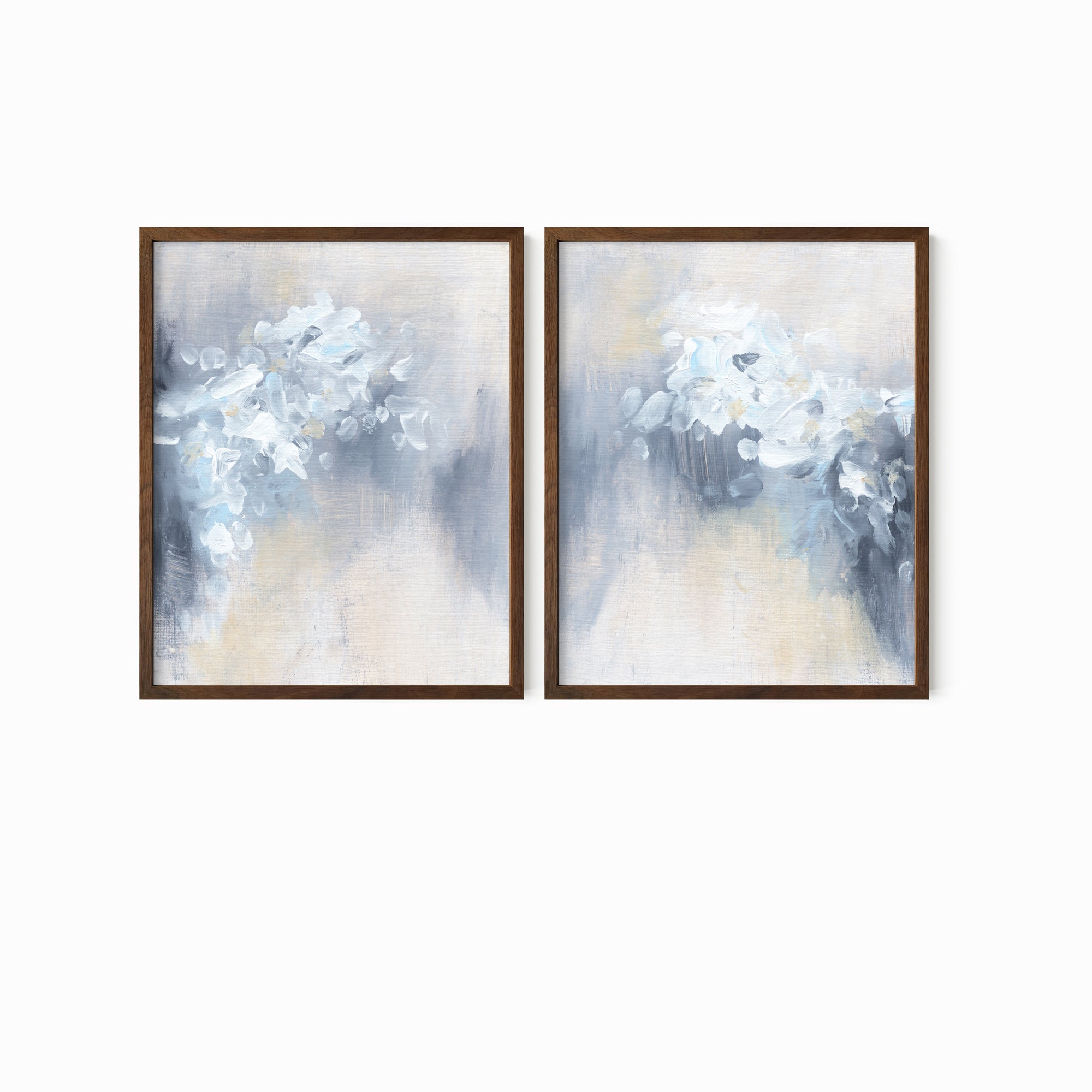 Set of 2 Novelle - abstract botanical floral original painting fine are print set of 2 (diptych) in blue, navy, light blue, light gray, cream, creamy yellow, and white; framed in walnut oak by NLS Design. Large neutral wall art for living rooms, bedrooms, entryways, offices, bathrooms, and above sofas and beds. Modern farmhouse, rustic, modern, minimalist, vintage design, flowers, leaves, plants, feminine, elegant, organic modern. nlsdesignllc.com
