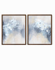 Set of 2 Novelle - abstract botanical floral original painting fine are print set of 2 (diptych) in blue, navy, light blue, light gray, cream, creamy yellow, and white; framed in walnut oak by NLS Design. Large neutral wall art for living rooms, bedrooms, entryways, offices, bathrooms, and above sofas and beds. Modern farmhouse, rustic, modern, minimalist, vintage design, flowers, leaves, plants, feminine, elegant, organic modern. nlsdesignllc.com