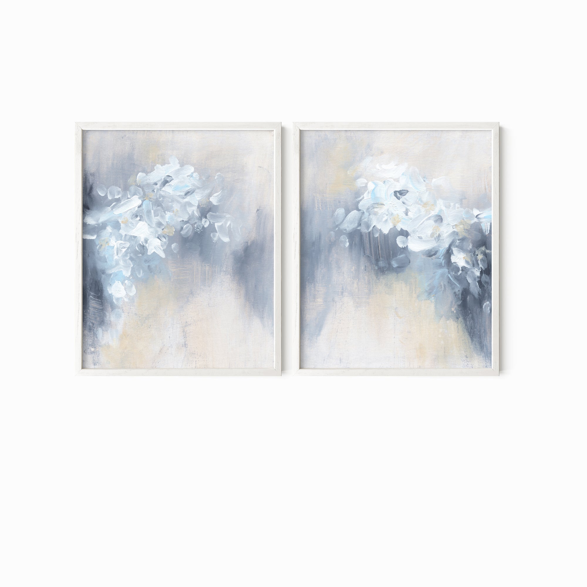 Set of 2 Novelle - abstract botanical floral original painting fine are print set of 2 (diptych) in blue, navy, light blue, light gray, cream, creamy yellow, and white; framed in white oak by NLS Design. Large neutral wall art for living rooms, bedrooms, entryways, offices, bathrooms, and above sofas and beds. Modern farmhouse, rustic, modern, minimalist, vintage design, flowers, leaves, plants, feminine, elegant, organic modern. nlsdesignllc.com