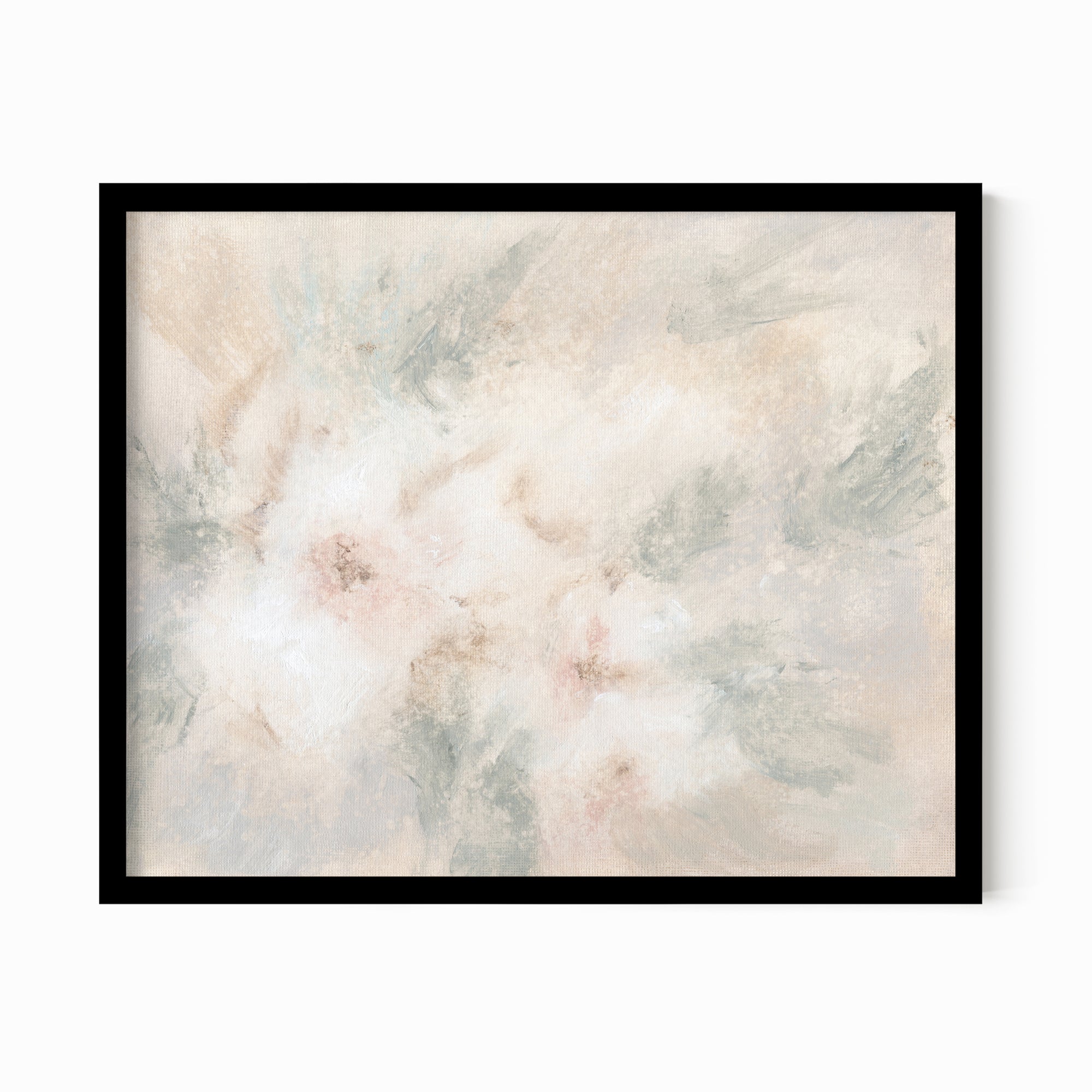 Pale Bloom neutral abstract floral painting fine wall art print framed in black oak by NLS Design