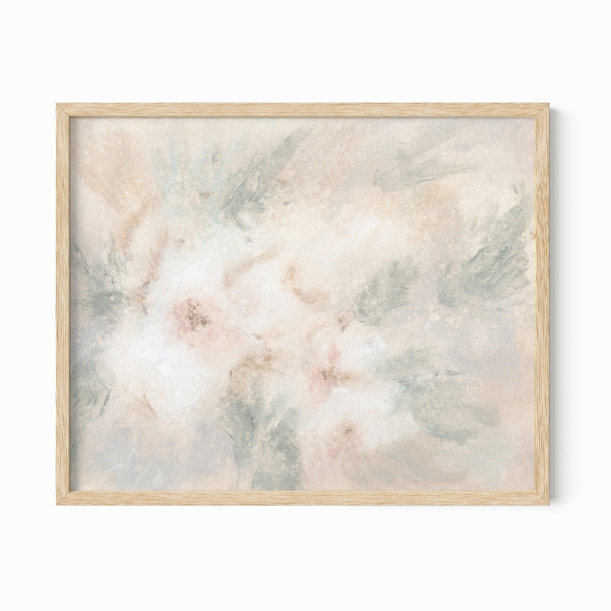 Pale Bloom neutral abstract floral painting fine wall art print framed in natural oak by NLS Design