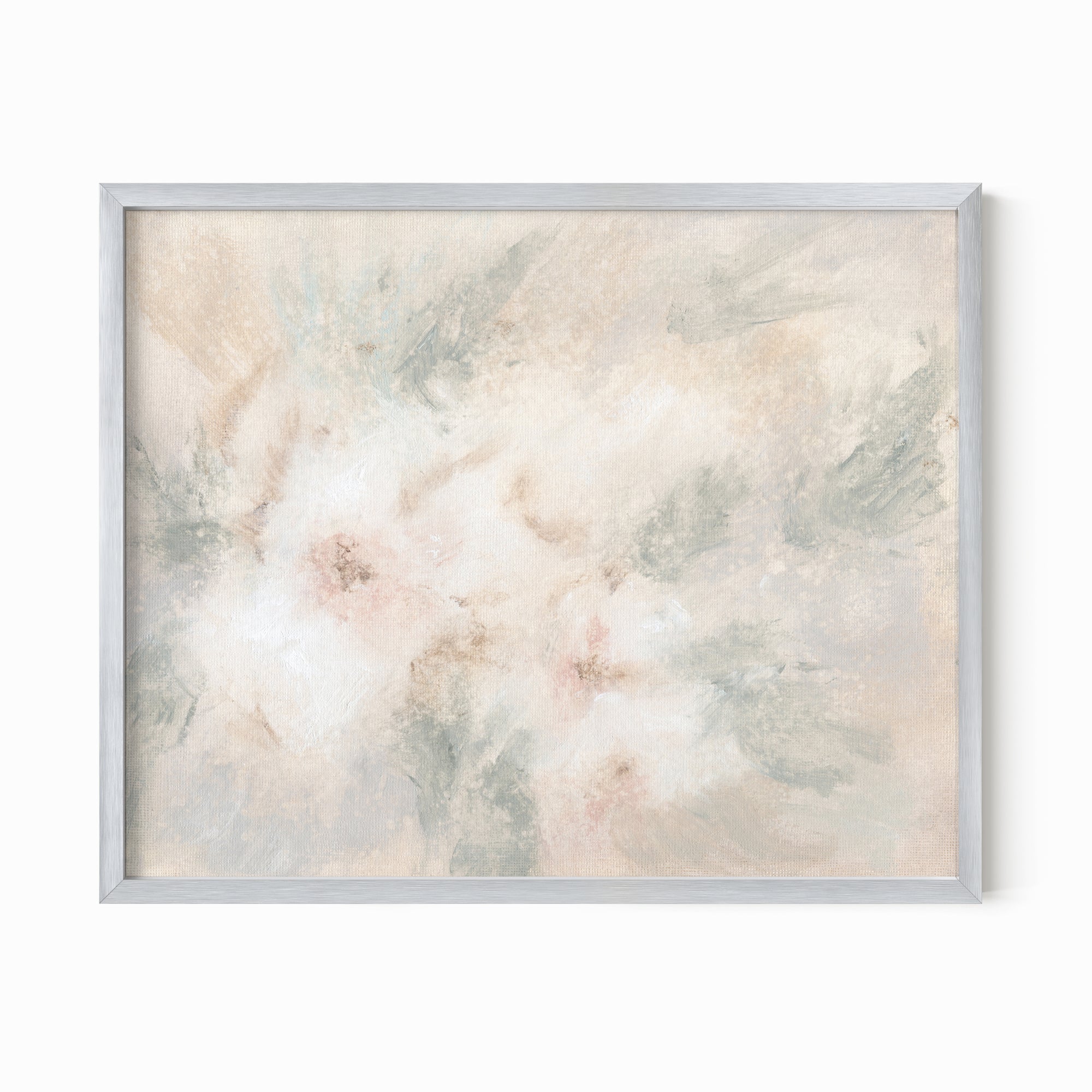 Pale Bloom neutral abstract floral painting fine wall art print framed in silver metal by NLS Design