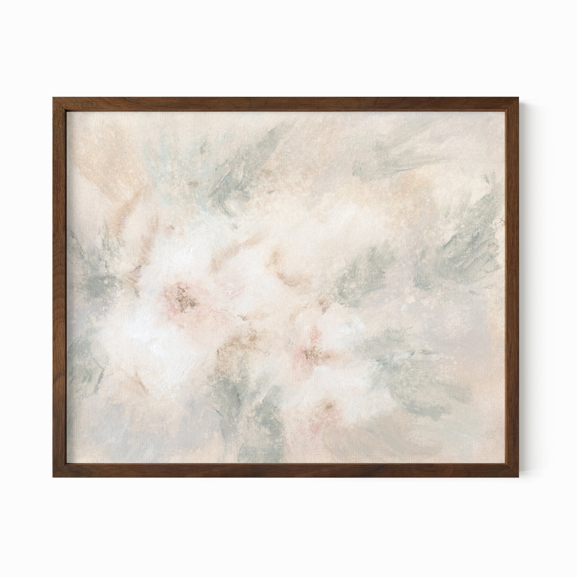 Pale Bloom neutral abstract floral painting fine wall art print framed in walnut stain oak by NLS Design