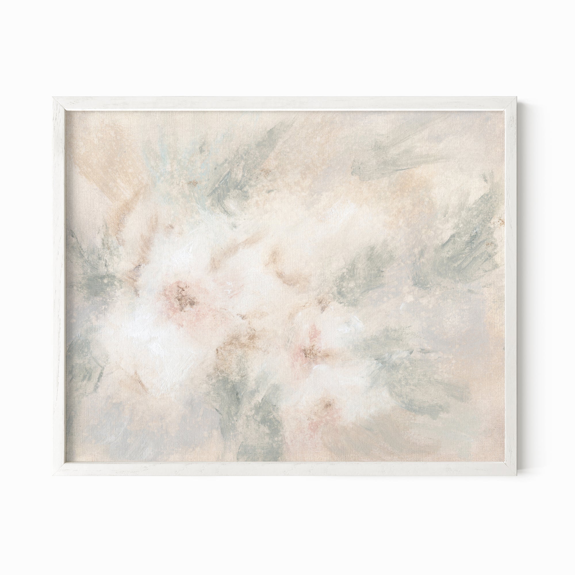 Pale Bloom neutral abstract floral painting fine wall art print framed in white oak by NLS Design