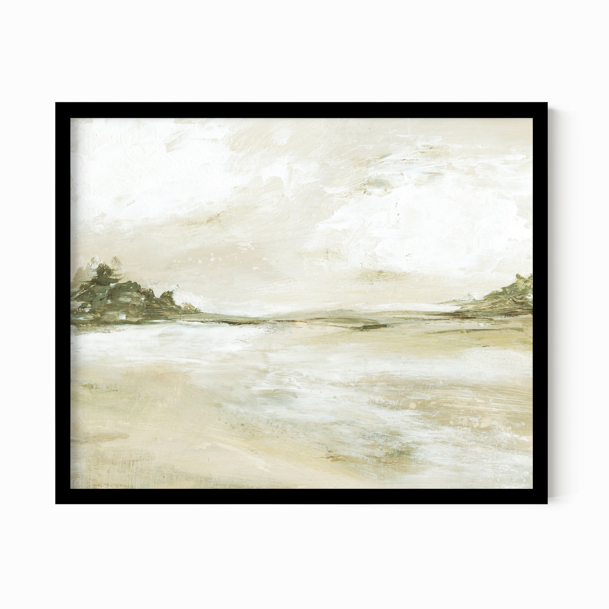 Perfect View neutral earth tone abstract landscape painting fine art wall print framed in black oak by NLS Design
