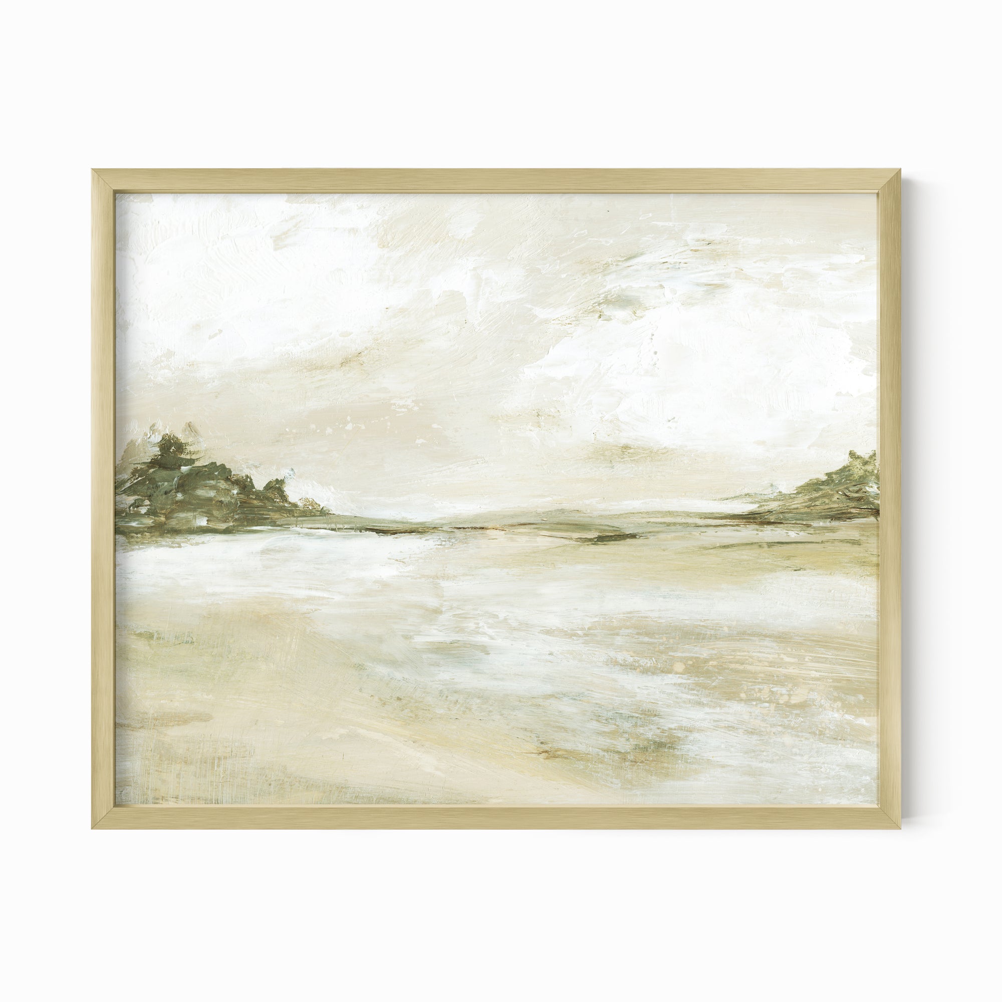 Perfect View neutral earth tone abstract landscape painting fine art wall print framed in gold metal by NLS Design