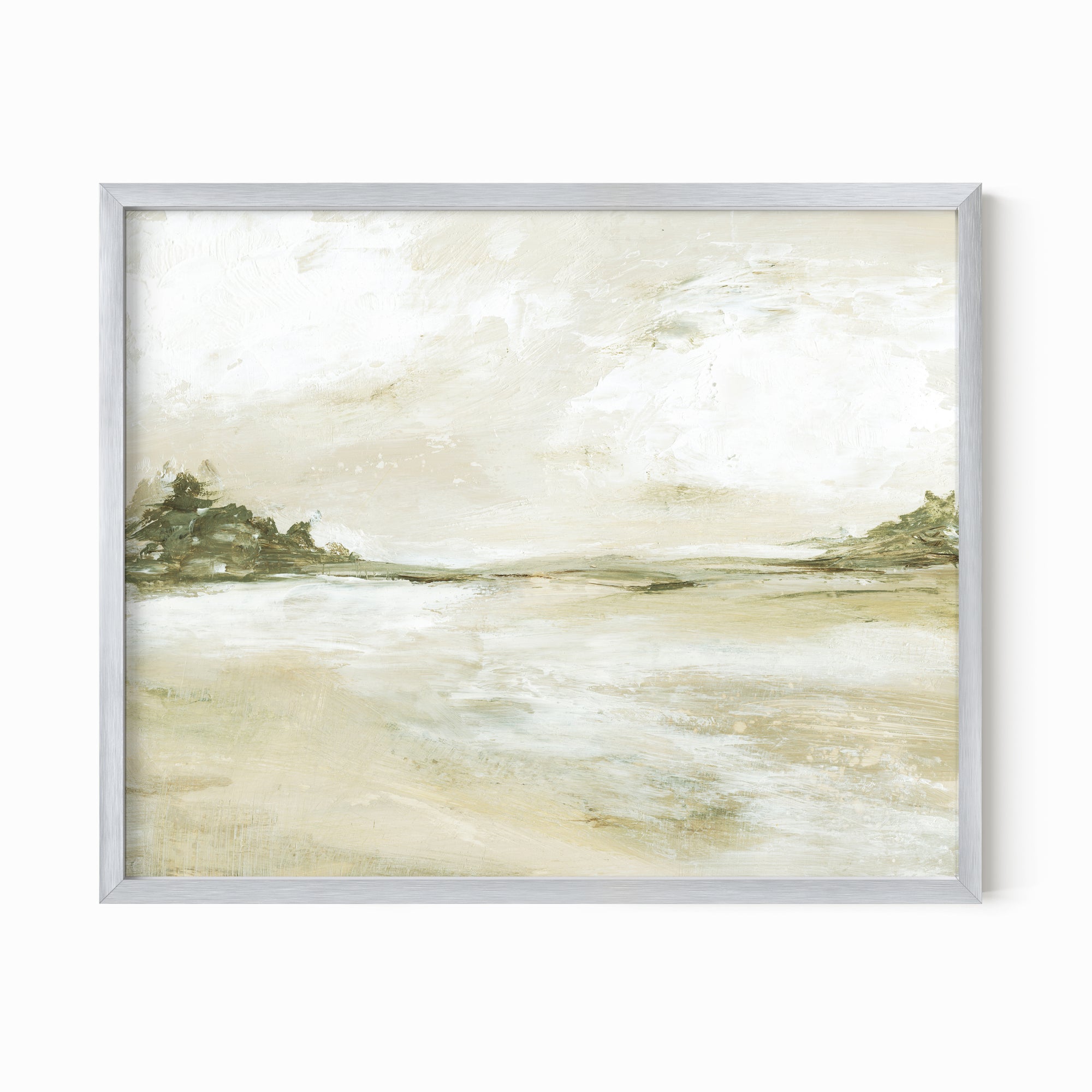 Perfect View neutral earth tone abstract landscape painting fine art wall print framed in silver metal by NLS Design