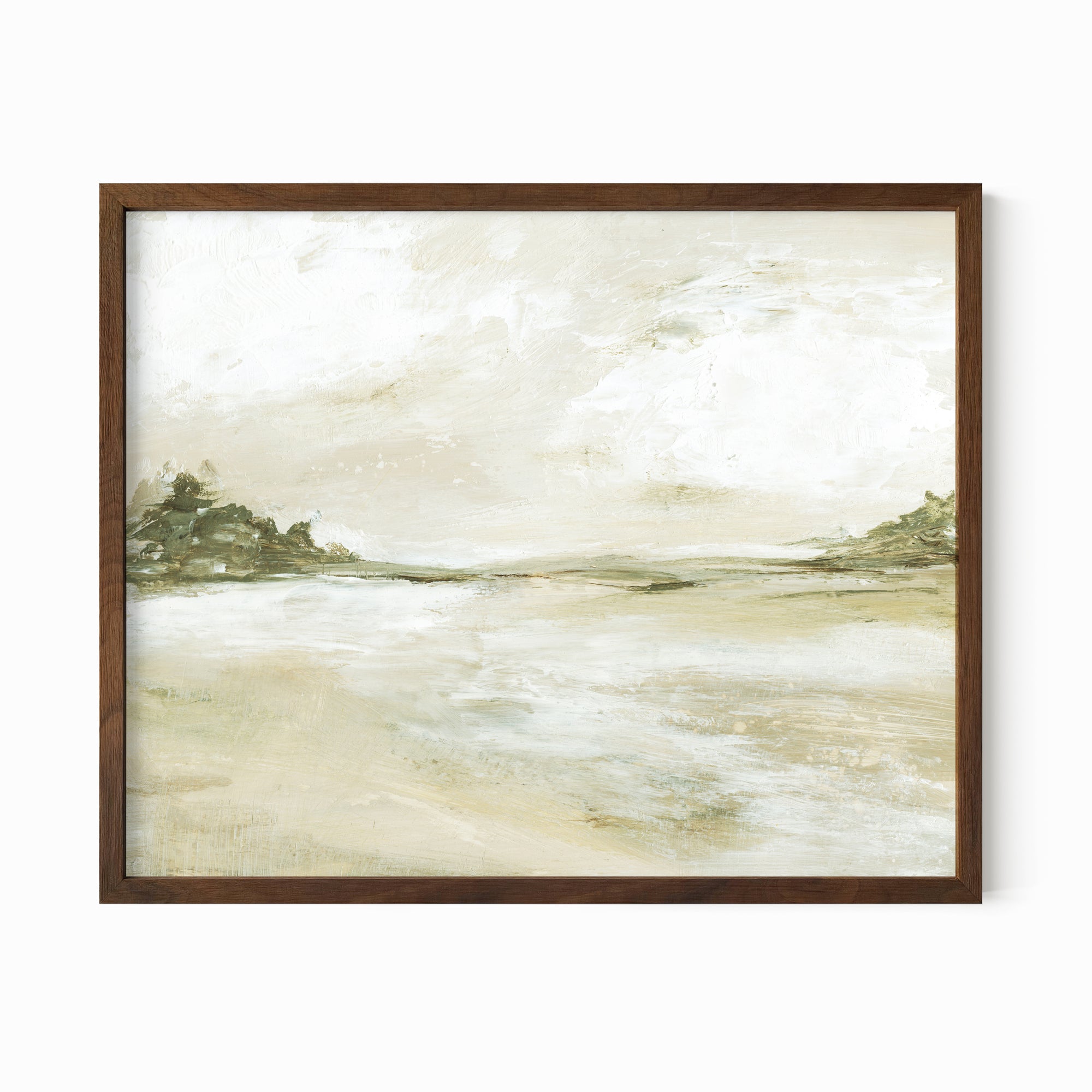 Perfect View neutral earth tone abstract landscape painting fine art wall print framed in walnut stain oak by NLS Design