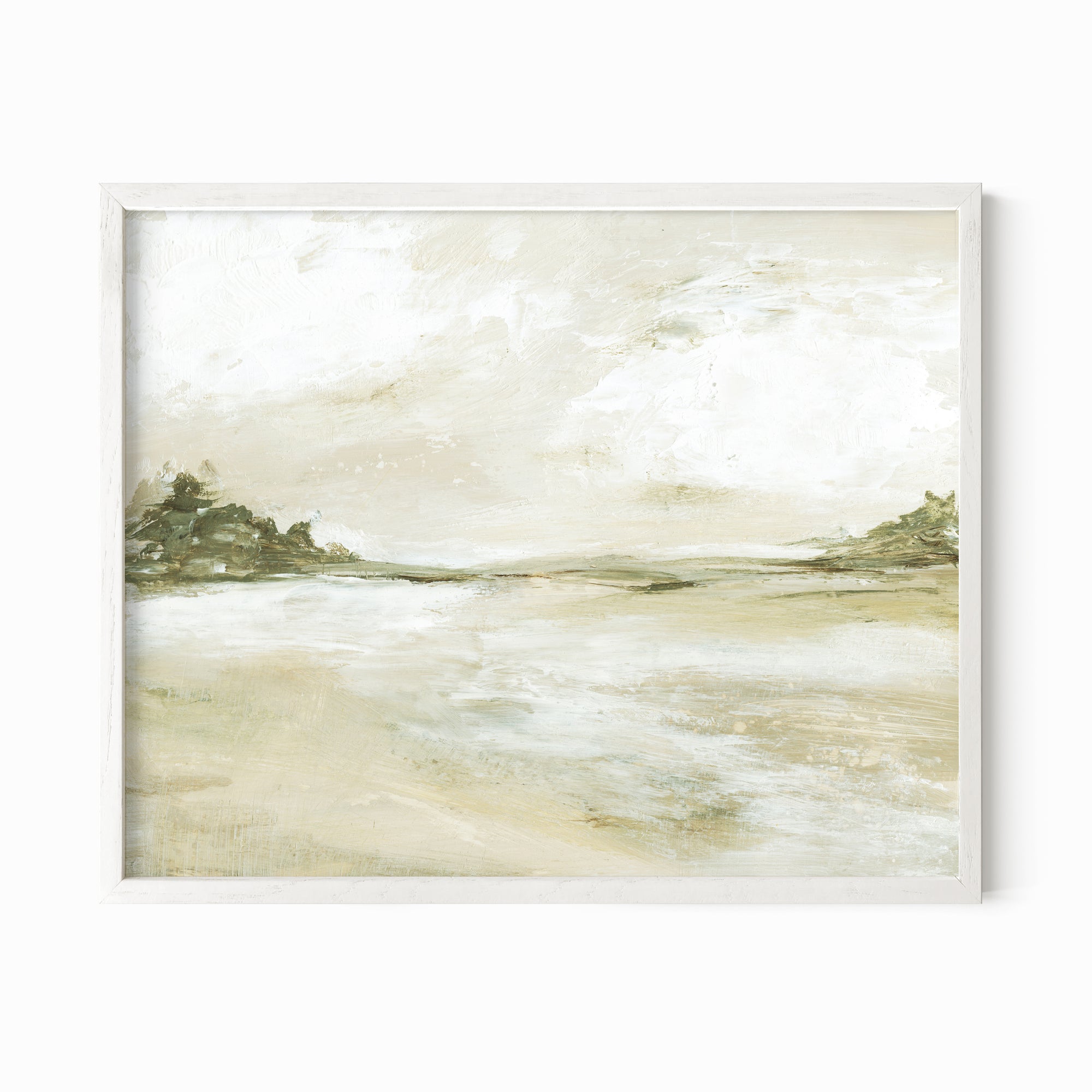 Perfect View neutral earth tone abstract landscape painting fine art wall print framed in white oak by NLS Design
