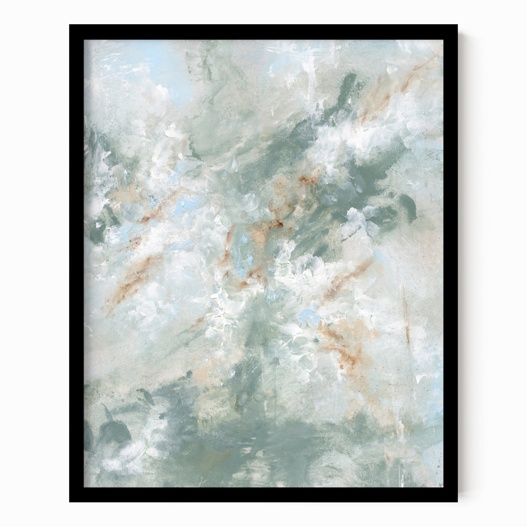 Presence is a painterly abstract led by blue green and light blue, layered with white, beige, cream, soft gray, and warm brown; framed in black oak by NLS Design. Large neutral wall art for living rooms, bedrooms, entryways, offices, bathrooms, and above couch and bed. Modern coastal beach water soft muted  abstract. Pottery Barn dupe, Serena &amp; Lily, Magnolia, Crate &amp; Barrel, and McGee style. Real art by a real artist - NO AI. nlsdesignllc.com - 8x10, 11x14, 16x20, 18x24, 24x36, 30x40, 40x60 inches