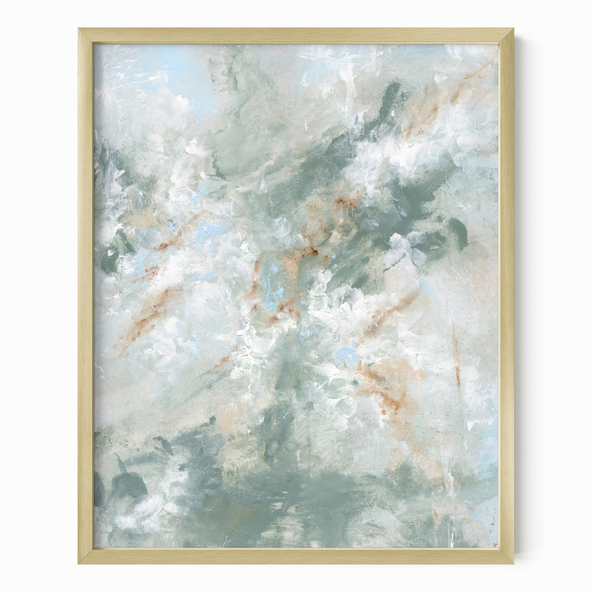 Presence is a painterly abstract led by blue green and light blue, layered with white, beige, cream, soft gray, and warm brown; framed in gold metal by NLS Design. Large neutral wall art for living rooms, bedrooms, entryways, offices, bathrooms, and above couch and bed. Modern coastal beach water soft muted  abstract. Pottery Barn dupe, Serena &amp; Lily, Magnolia, Crate &amp; Barrel, and McGee style. Real art by a real artist - NO AI. nlsdesignllc.com - 8x10, 11x14, 16x20, 18x24, 24x36, 30x40, 40x60 inches