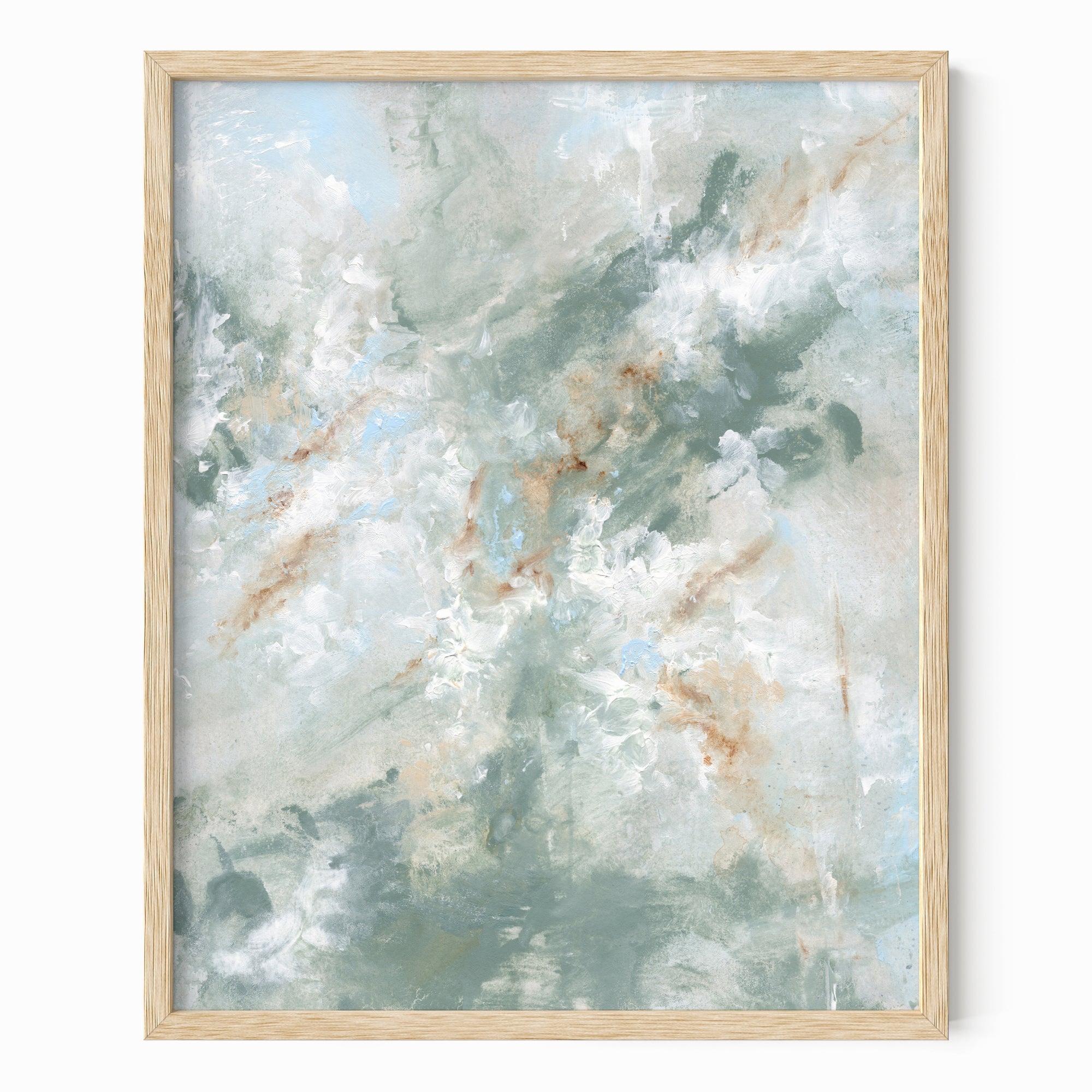 Presence is a painterly abstract led by blue green and light blue, layered with white, beige, cream, soft gray, and warm brown; framed in natural oak by NLS Design. Large neutral wall art for living rooms, bedrooms, entryways, offices, bathrooms, and above couch and bed. Modern coastal beach water soft muted  abstract. Pottery Barn dupe, Serena & Lily, Magnolia, Crate & Barrel, and McGee style. Real art by a real artist - NO AI. nlsdesignllc.com - 8x10, 11x14, 16x20, 18x24, 24x36, 30x40, 40x60 inches