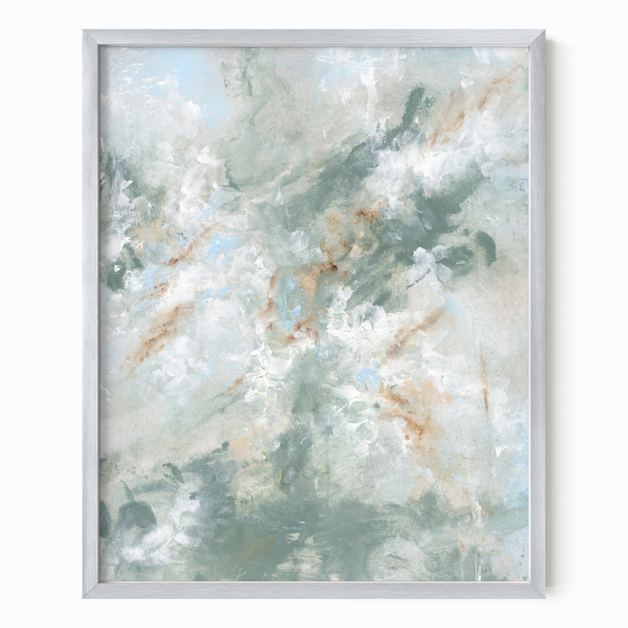 Presence is a painterly abstract led by blue green and light blue, layered with white, beige, cream, soft gray, and warm brown; framed in silver metal by NLS Design. Large neutral wall art for living rooms, bedrooms, entryways, offices, bathrooms, and above couch and bed. Modern coastal beach water soft muted  abstract. Pottery Barn dupe, Serena &amp; Lily, Magnolia, Crate &amp; Barrel, and McGee style. Real art by a real artist - NO AI. nlsdesignllc.com - 8x10, 11x14, 16x20, 18x24, 24x36, 30x40, 40x60 inches