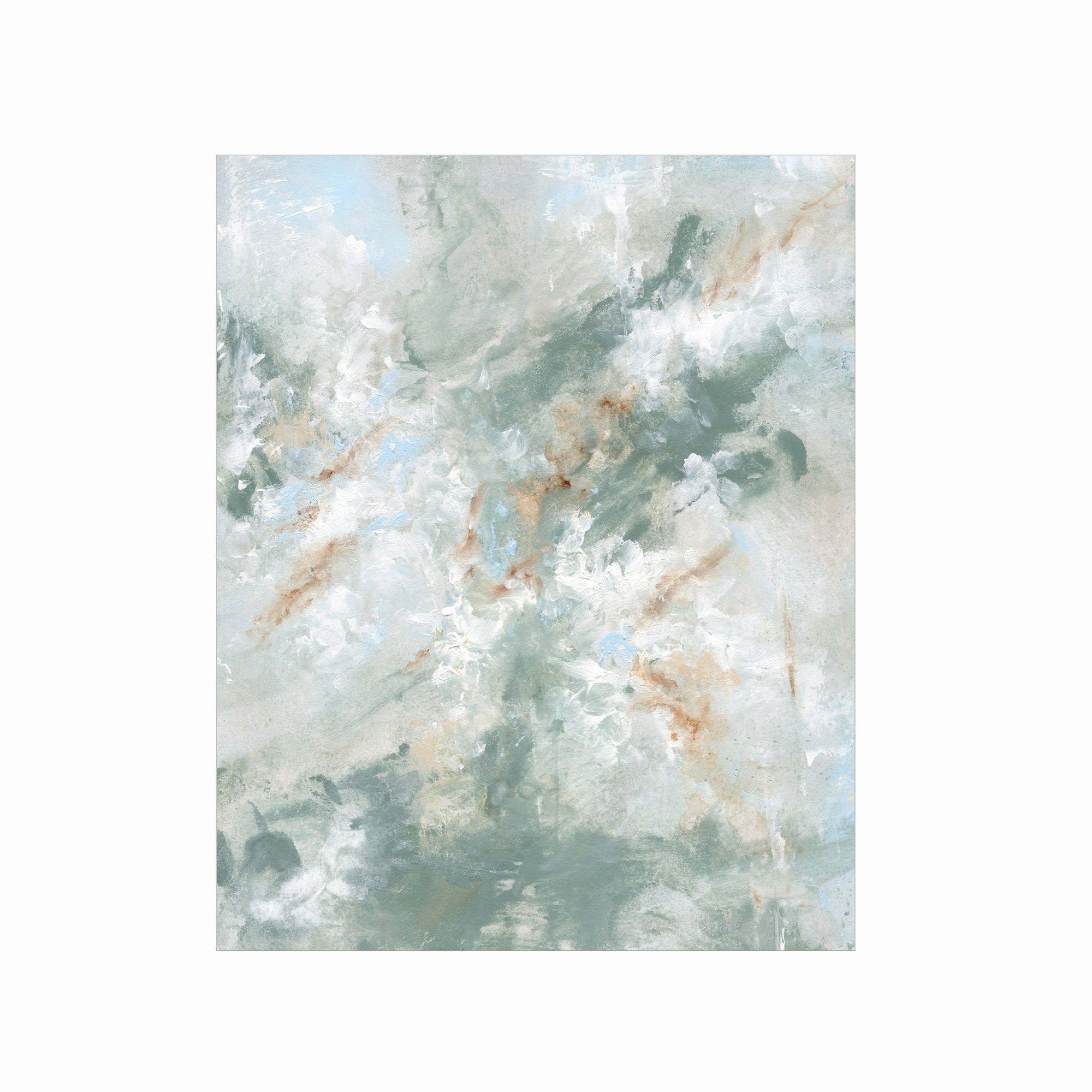 Presence is a painterly abstract led by blue green and light blue, layered with white, beige, cream, soft gray, and warm brown; unframed by NLS Design. Large neutral wall art for living rooms, bedrooms, entryways, offices, bathrooms, and above couch and bed. Modern coastal beach water soft muted  abstract. Pottery Barn dupe, Serena & Lily, Magnolia, Crate & Barrel, and McGee style. Real art by a real artist - NO AI. nlsdesignllc.com - 8x10, 11x14, 16x20, 18x24, 24x36, 30x40, 40x60 inches