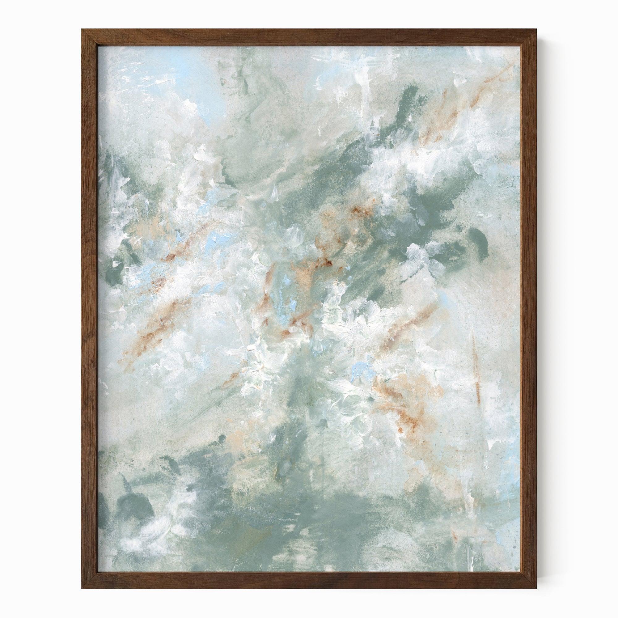 Presence is a painterly abstract led by blue green and light blue, layered with white, beige, cream, soft gray, and warm brown; framed in walnut oak by NLS Design. Large neutral wall art for living rooms, bedrooms, entryways, offices, bathrooms, and above couch and bed. Modern coastal beach water soft muted  abstract. Pottery Barn dupe, Serena &amp; Lily, Magnolia, Crate &amp; Barrel, and McGee style. Real art by a real artist - NO AI. nlsdesignllc.com - 8x10, 11x14, 16x20, 18x24, 24x36, 30x40, 40x60 inches