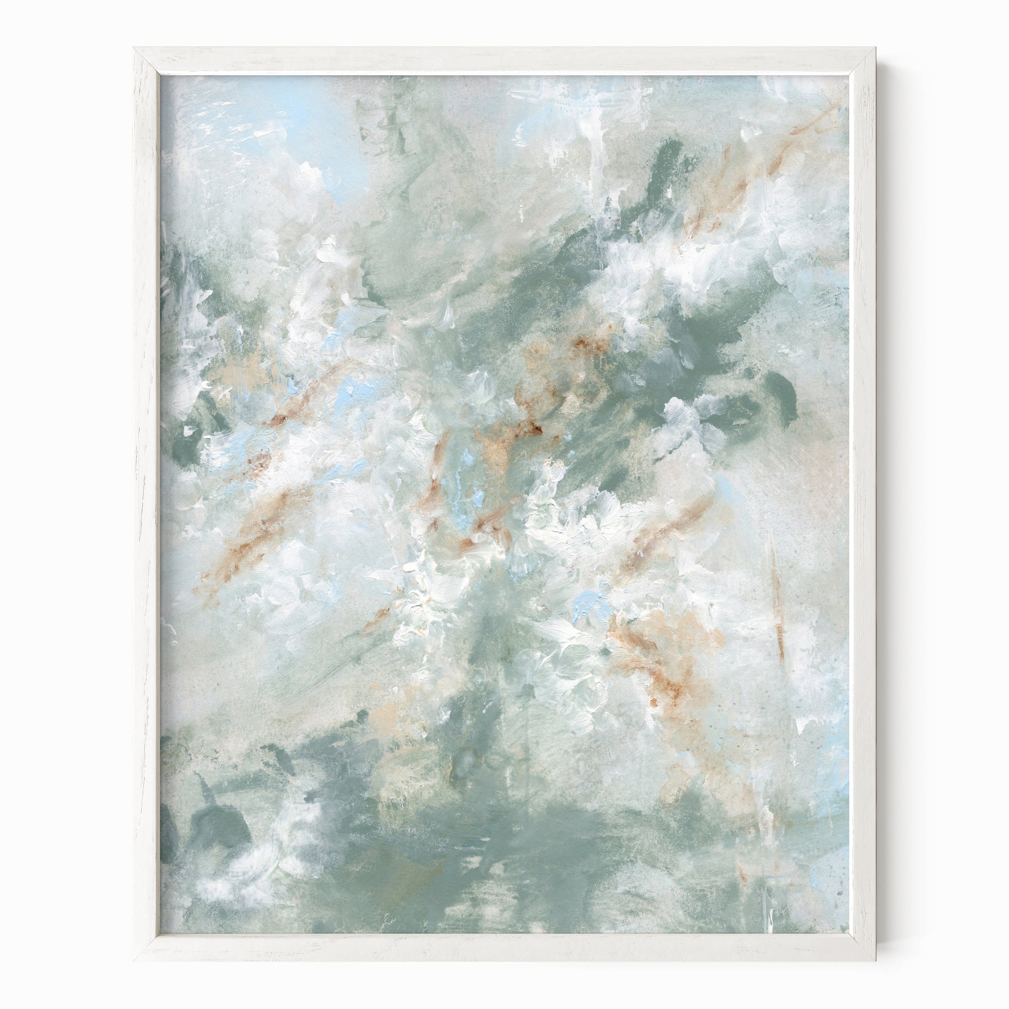 Presence is a painterly abstract led by blue green and light blue, layered with white, beige, cream, soft gray, and warm brown; framed in white oak by NLS Design. Large neutral wall art for living rooms, bedrooms, entryways, offices, bathrooms, and above couch and bed. Modern coastal beach water soft muted  abstract. Pottery Barn dupe, Serena &amp; Lily, Magnolia, Crate &amp; Barrel, and McGee style. Real art by a real artist - NO AI. nlsdesignllc.com - 8x10, 11x14, 16x20, 18x24, 24x36, 30x40, 40x60 inches