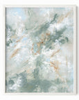 Presence is a painterly abstract led by blue green and light blue, layered with white, beige, cream, soft gray, and warm brown; framed in white oak by NLS Design. Large neutral wall art for living rooms, bedrooms, entryways, offices, bathrooms, and above couch and bed. Modern coastal beach water soft muted  abstract. Pottery Barn dupe, Serena & Lily, Magnolia, Crate & Barrel, and McGee style. Real art by a real artist - NO AI. nlsdesignllc.com - 8x10, 11x14, 16x20, 18x24, 24x36, 30x40, 40x60 inches