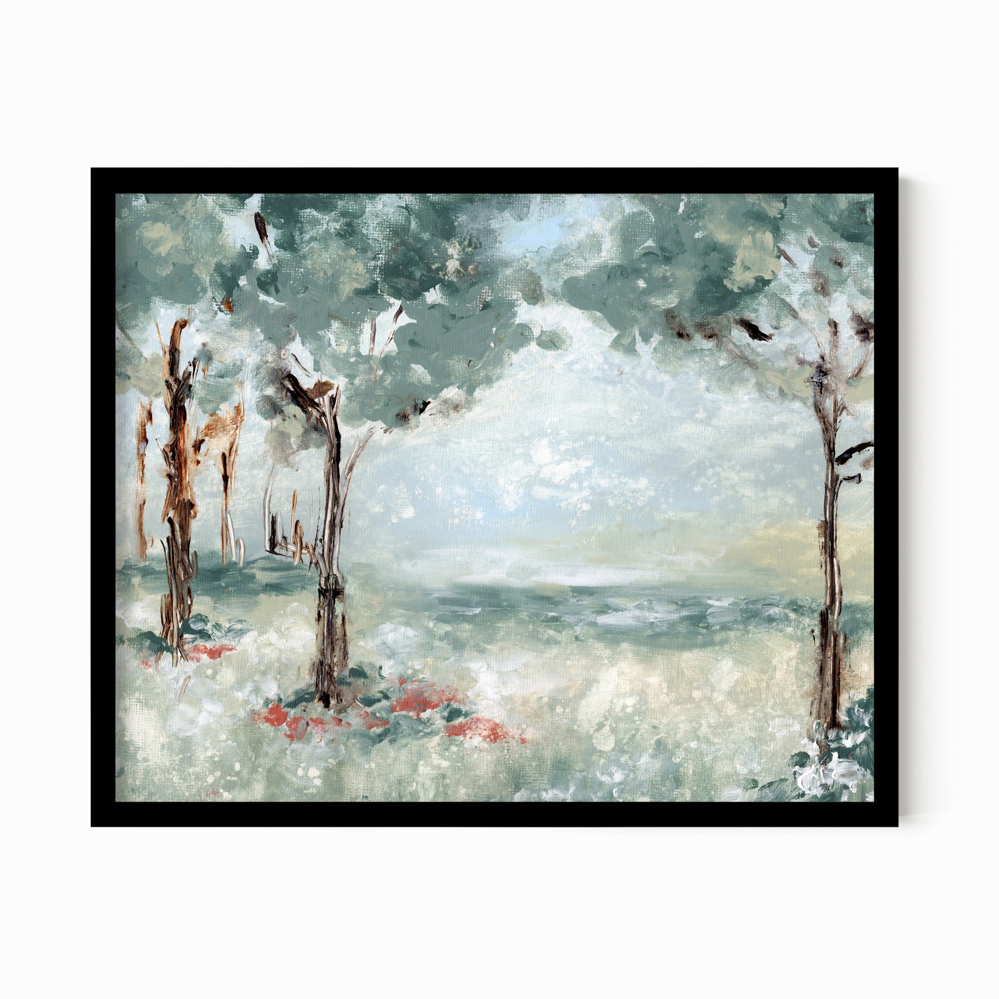 Quiet Arrival - muted landscape original painting fine are print in blue greens and earthy greens layered with light blue, gray, cognac brown, deep brown, terra cotta, cream, and white; framed in black oak by NLS Design. Large neutral wall art for living rooms, bedrooms, entryways, offices, bathrooms, and above couch and bed. Modern farmhouse rustic impressionistic forest meadow trees. Artwork by NLS Design, nlsdesignllc.com. Real art by a real artist - NO AI. Works with Pottery Barn, Crate &amp; Barrel