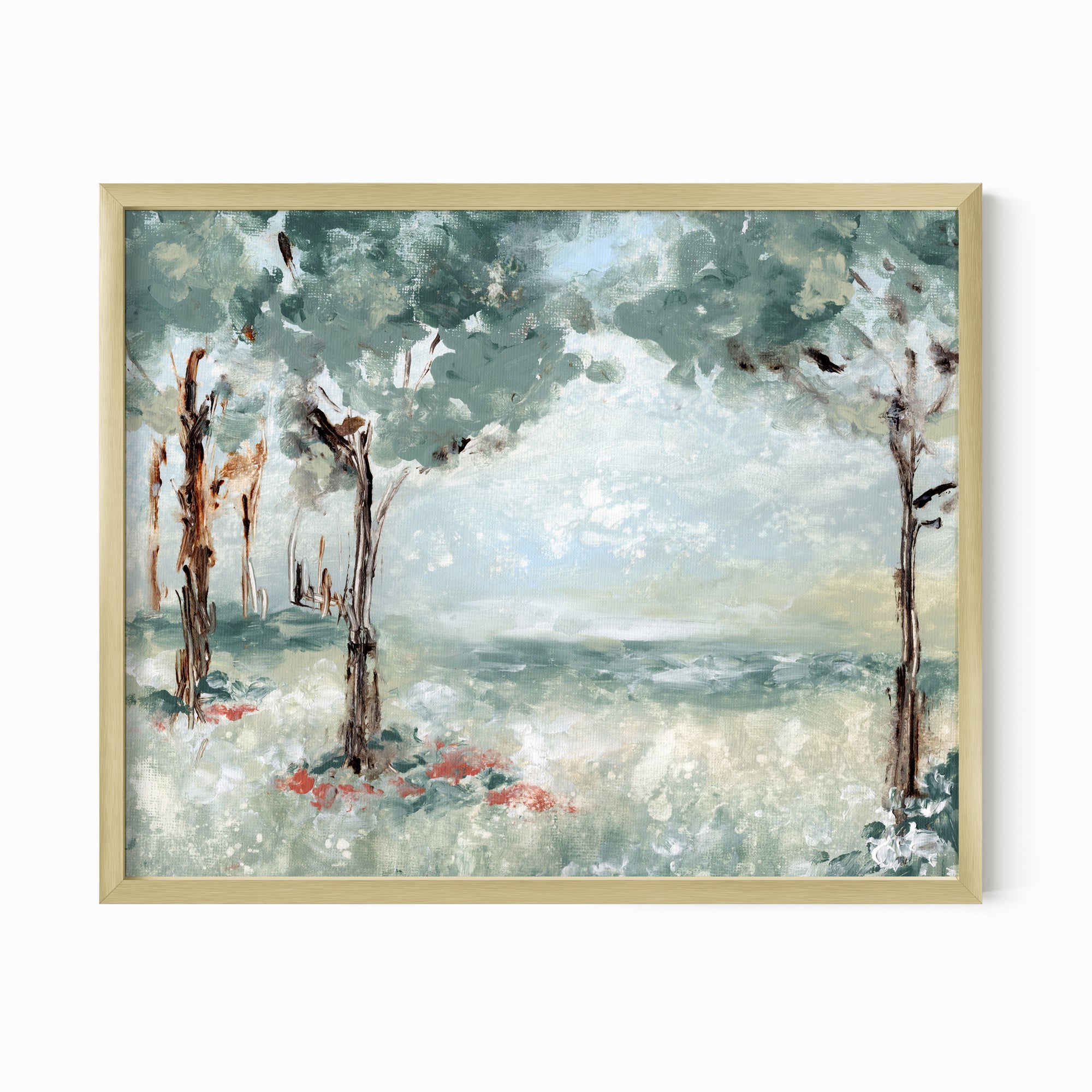 Quiet Arrival - muted landscape original painting fine are print in blue greens and earthy greens layered with light blue, gray, cognac brown, deep brown, terra cotta, cream, and white; framed in gold metal by NLS Design. Large neutral wall art for living rooms, bedrooms, entryways, offices, bathrooms, and above couch and bed. Modern farmhouse rustic impressionistic forest meadow trees. Artwork by NLS Design, nlsdesignllc.com. Real art by a real artist - NO AI. Works with Pottery Barn, Crate &amp; Barrel