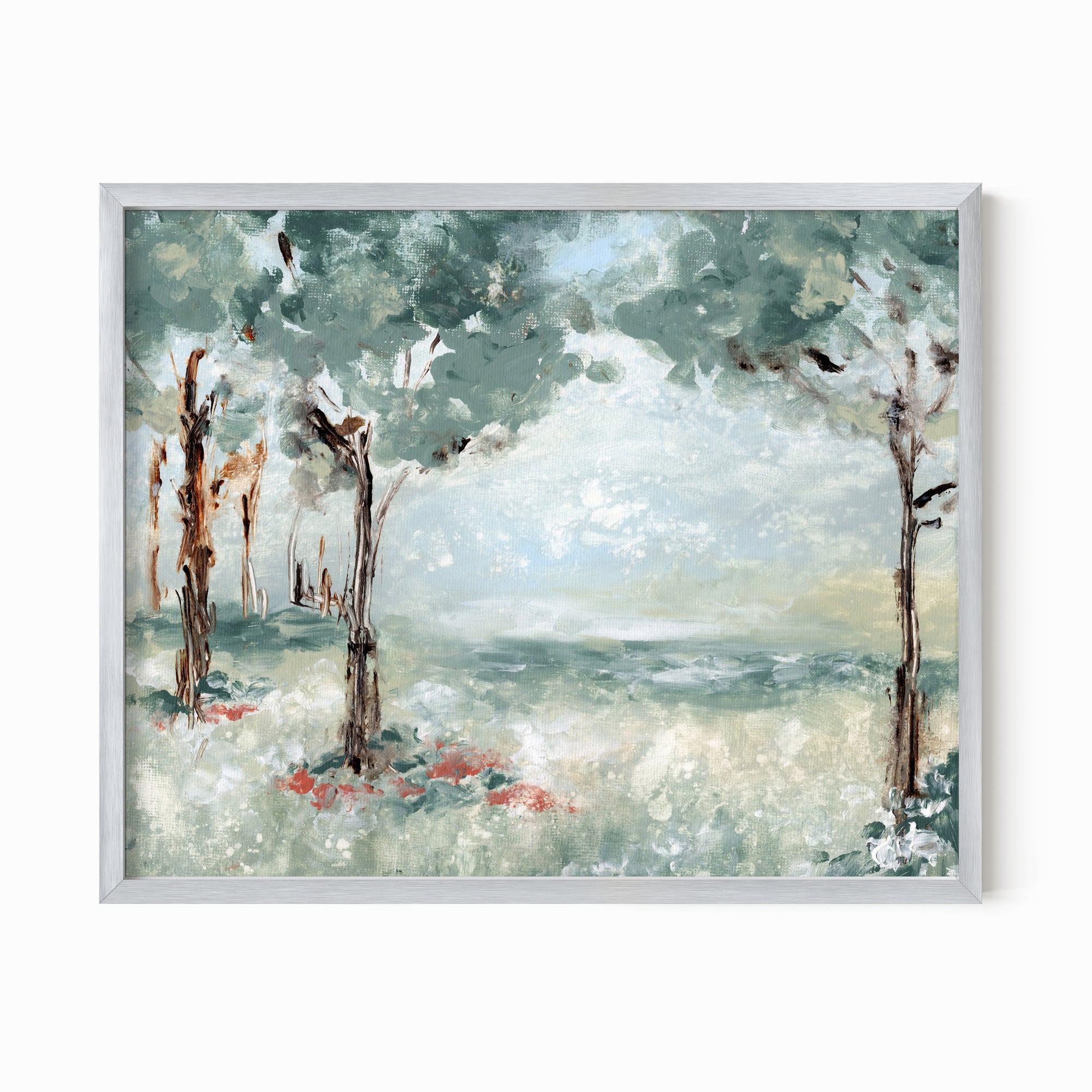 Quiet Arrival - muted landscape original painting fine are print in blue greens and earthy greens layered with light blue, gray, cognac brown, deep brown, terra cotta, cream, and white; framed in silver metal by NLS Design. Large neutral wall art for living rooms, bedrooms, entryways, offices, bathrooms, and above couch and bed. Modern farmhouse rustic impressionistic forest meadow trees. Artwork by NLS Design, nlsdesignllc.com. Real art by a real artist - NO AI. Works with Pottery Barn, Crate &amp; Barrel