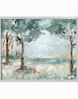 Quiet Arrival - muted landscape original painting fine are print in blue greens and earthy greens layered with light blue, gray, cognac brown, deep brown, terra cotta, cream, and white; framed in silver metal by NLS Design. Large neutral wall art for living rooms, bedrooms, entryways, offices, bathrooms, and above couch and bed. Modern farmhouse rustic impressionistic forest meadow trees. Artwork by NLS Design, nlsdesignllc.com. Real art by a real artist - NO AI. Works with Pottery Barn, Crate & Barrel