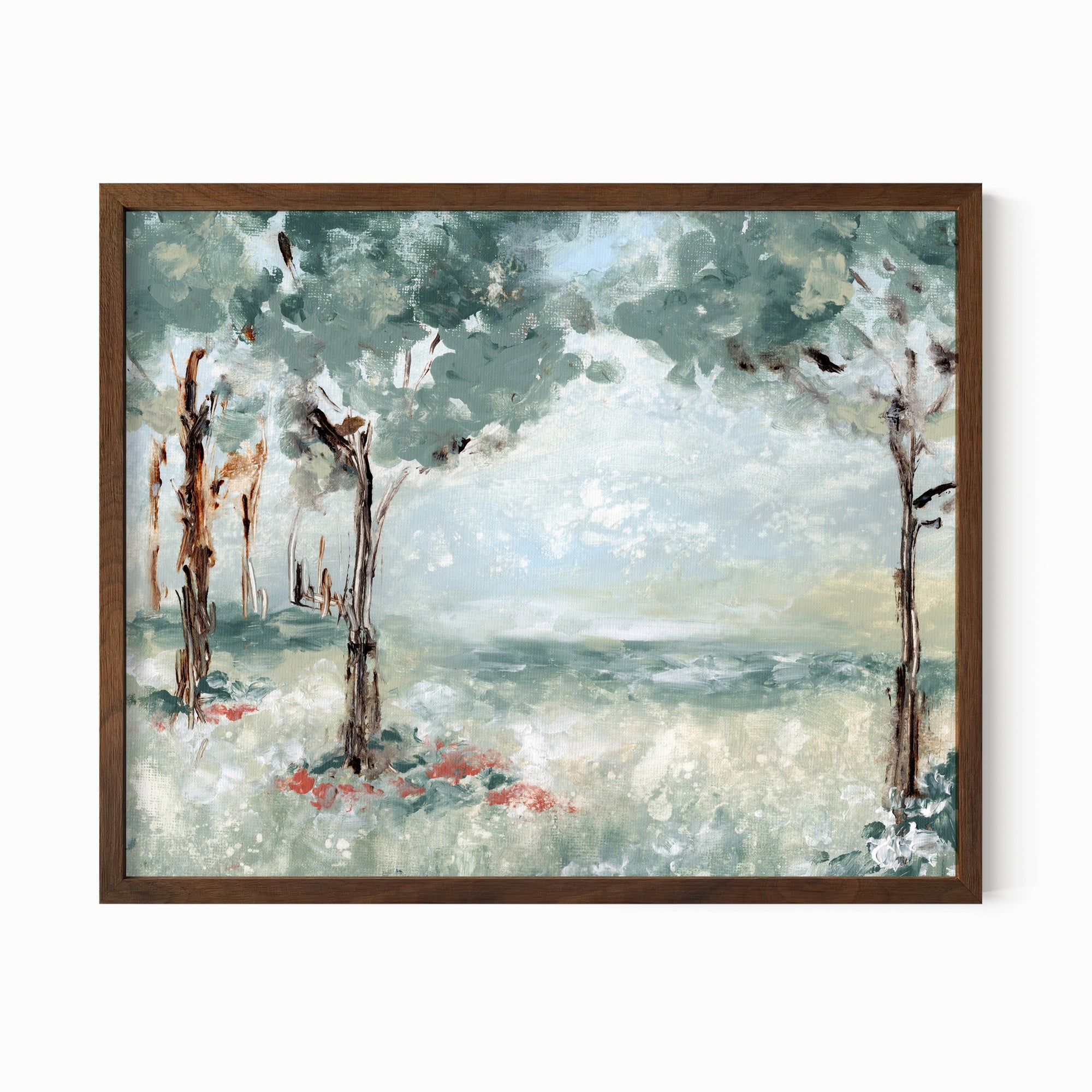 Quiet Arrival - muted landscape original painting fine are print in blue greens and earthy greens layered with light blue, gray, cognac brown, deep brown, terra cotta, cream, and white; framed in walnut oak by NLS Design. Large neutral wall art for living rooms, bedrooms, entryways, offices, bathrooms, and above couch and bed. Modern farmhouse rustic impressionistic forest meadow trees. Artwork by NLS Design, nlsdesignllc.com. Real art by a real artist - NO AI. Works with Pottery Barn, Crate &amp; Barrel