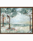 Quiet Arrival - muted landscape original painting fine are print in blue greens and earthy greens layered with light blue, gray, cognac brown, deep brown, terra cotta, cream, and white; framed in walnut oak by NLS Design. Large neutral wall art for living rooms, bedrooms, entryways, offices, bathrooms, and above couch and bed. Modern farmhouse rustic impressionistic forest meadow trees. Artwork by NLS Design, nlsdesignllc.com. Real art by a real artist - NO AI. Works with Pottery Barn, Crate & Barrel