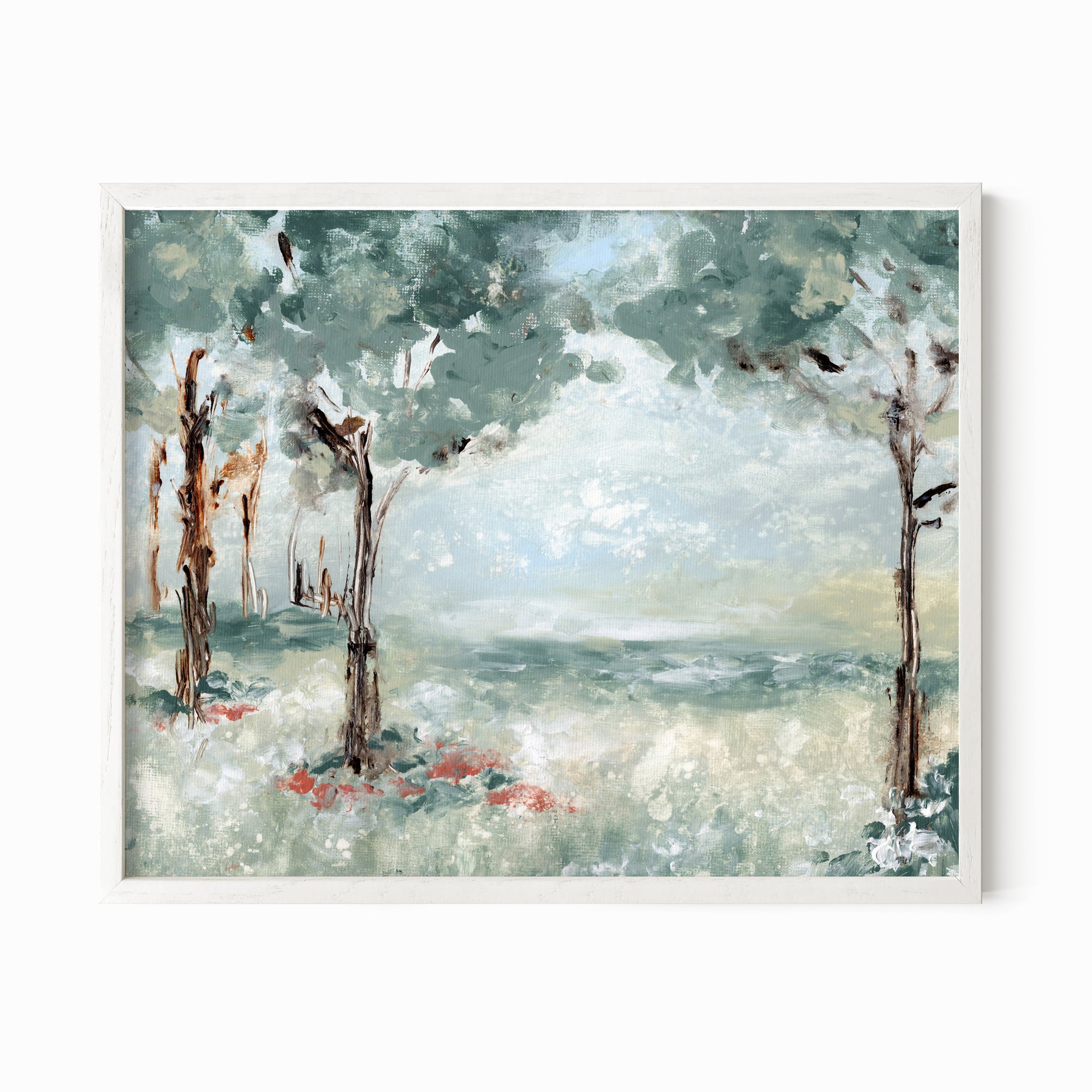 Quiet Arrival - muted landscape original painting fine are print in blue greens and earthy greens layered with light blue, gray, cognac brown, deep brown, terra cotta, cream, and white; framed in white oak by NLS Design. Large neutral wall art for living rooms, bedrooms, entryways, offices, bathrooms, and above couch and bed. Modern farmhouse rustic impressionistic forest meadow trees. Artwork by NLS Design, nlsdesignllc.com. Real art by a real artist - NO AI. Works with Pottery Barn, Crate &amp; Barrel