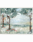 Quiet Arrival - muted landscape original painting fine are print in blue greens and earthy greens layered with light blue, gray, cognac brown, deep brown, terra cotta, cream, and white; framed in white oak by NLS Design. Large neutral wall art for living rooms, bedrooms, entryways, offices, bathrooms, and above couch and bed. Modern farmhouse rustic impressionistic forest meadow trees. Artwork by NLS Design, nlsdesignllc.com. Real art by a real artist - NO AI. Works with Pottery Barn, Crate & Barrel