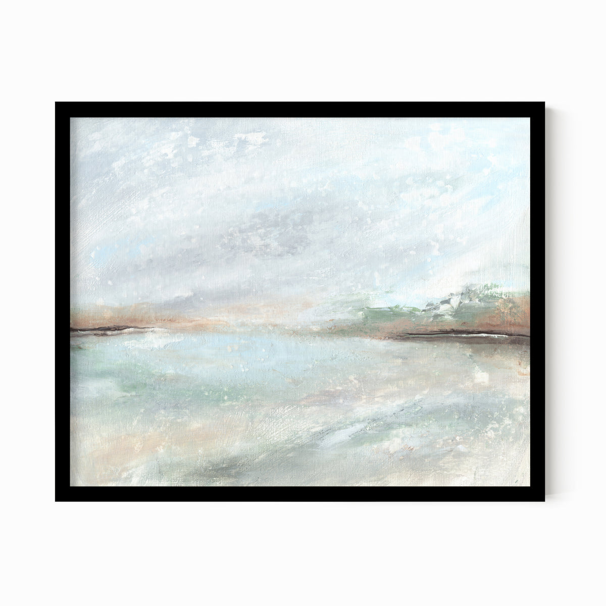 Radiance is a muted soft neutral color abstract landscape in pale gray, light blue, soft sage green, blue green, beige, tan, brown, and white; black oak frame by NLS Design. Large neutral gallery wall art for living rooms, bedrooms, entryways, offices, bathrooms, and above the softa and above the bed. Horizontal Sizes: 8x10, 11x14, 16x20, 18x24, 24x36, 30x40, 40x60 inches. Modern coastal, quiet luxury, modern, minimalist. Artwork by NLS Design, nlsdesignllc.com. Real art by a real artist - NO AI. 