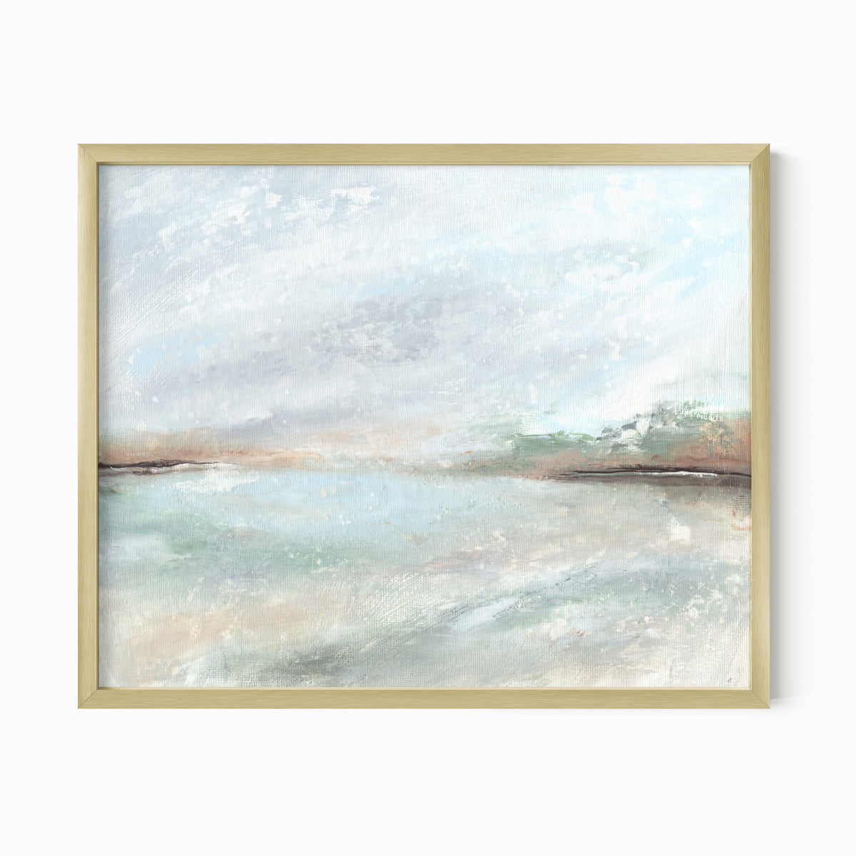 Radiance is a muted soft neutral color abstract landscape in pale gray, light blue, soft sage green, blue green, beige, tan, brown, and white; gold metal frame by NLS Design. Large neutral gallery wall art for living rooms, bedrooms, entryways, offices, bathrooms, and above the softa and above the bed. Horizontal Sizes: 8x10, 11x14, 16x20, 18x24, 24x36, 30x40, 40x60 inches. Modern coastal, quiet luxury, modern, minimalist. Artwork by NLS Design, nlsdesignllc.com. Real art by a real artist - NO AI. 