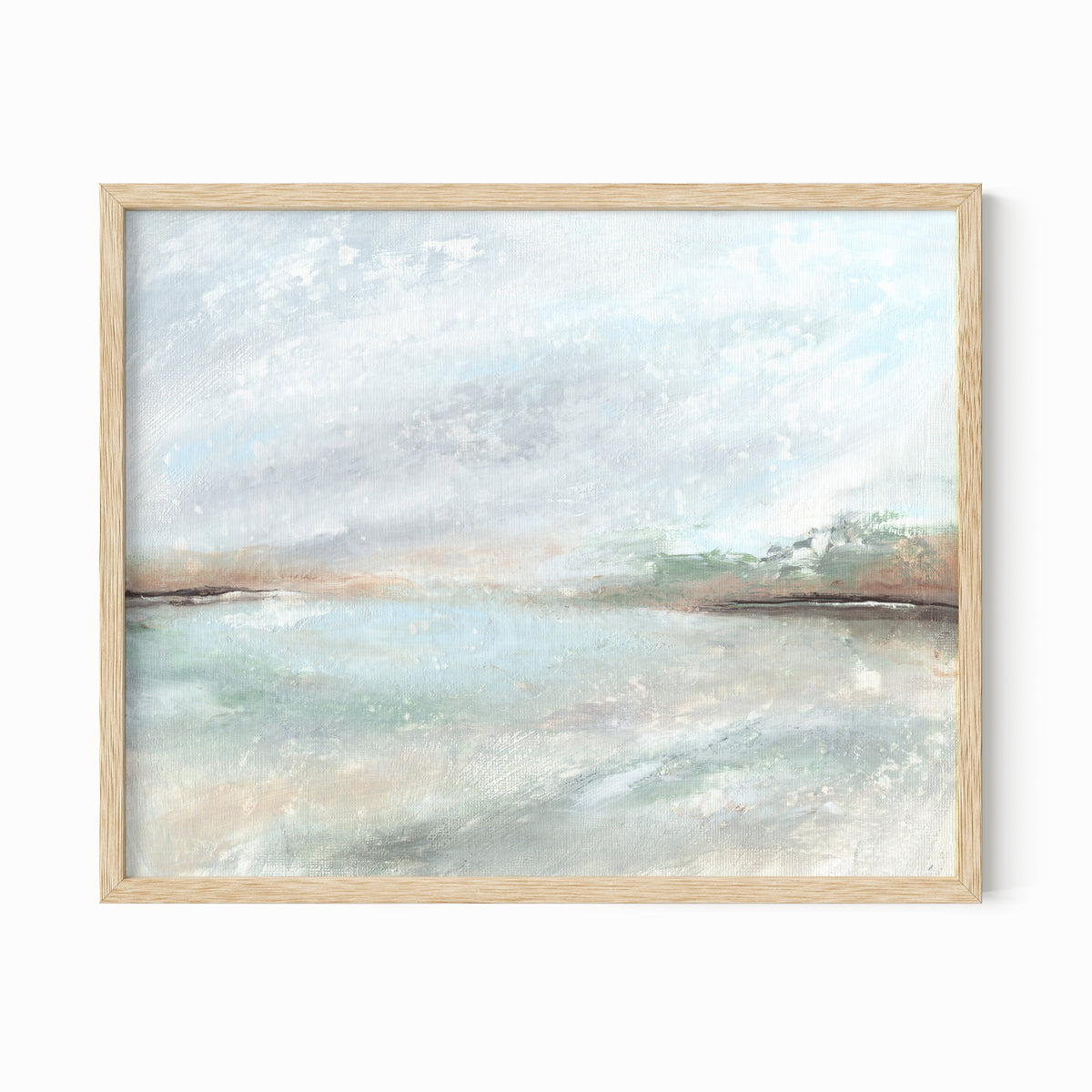 Radiance is a muted soft neutral color abstract landscape in pale gray, light blue, soft sage green, blue green, beige, tan, brown, and white; natural oak frame by NLS Design. Large neutral gallery wall art for living rooms, bedrooms, entryways, offices, bathrooms, and above the softa and above the bed. Horizontal Sizes: 8x10, 11x14, 16x20, 18x24, 24x36, 30x40, 40x60 inches. Modern coastal, quiet luxury, modern, minimalist. Artwork by NLS Design, nlsdesignllc.com. Real art by a real artist - NO AI. 