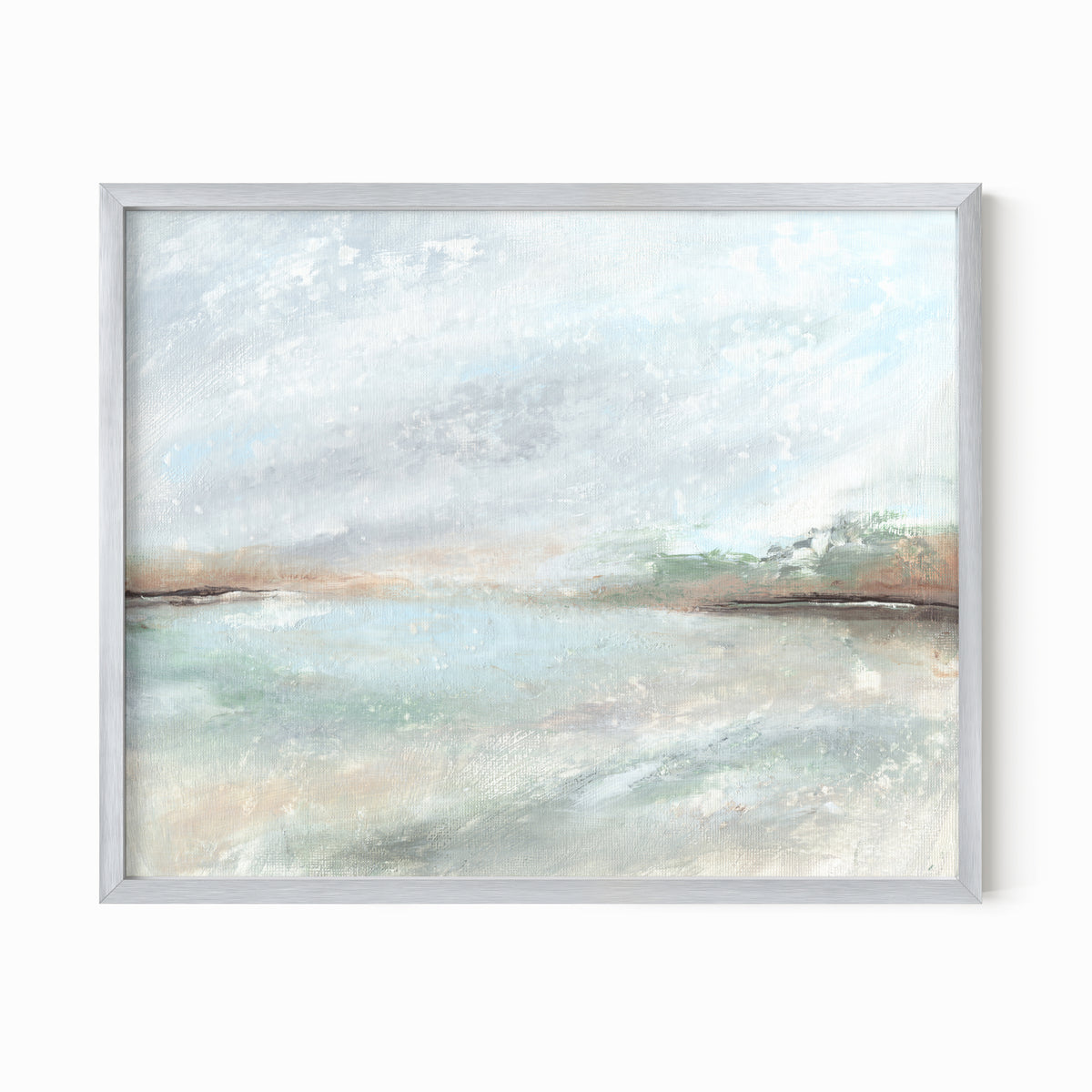 Radiance is a muted soft neutral color abstract landscape in pale gray, light blue, soft sage green, blue green, beige, tan, brown, and white; silver metal frame by NLS Design. Large neutral gallery wall art for living rooms, bedrooms, entryways, offices, bathrooms, and above the softa and above the bed. Horizontal Sizes: 8x10, 11x14, 16x20, 18x24, 24x36, 30x40, 40x60 inches. Modern coastal, quiet luxury, modern, minimalist. Artwork by NLS Design, nlsdesignllc.com. Real art by a real artist - NO AI. 