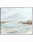 Radiance is a muted soft neutral color abstract landscape in pale gray, light blue, soft sage green, blue green, beige, tan, brown, and white; silver metal frame by NLS Design. Large neutral gallery wall art for living rooms, bedrooms, entryways, offices, bathrooms, and above the softa and above the bed. Horizontal Sizes: 8x10, 11x14, 16x20, 18x24, 24x36, 30x40, 40x60 inches. Modern coastal, quiet luxury, modern, minimalist. Artwork by NLS Design, nlsdesignllc.com. Real art by a real artist - NO AI. 