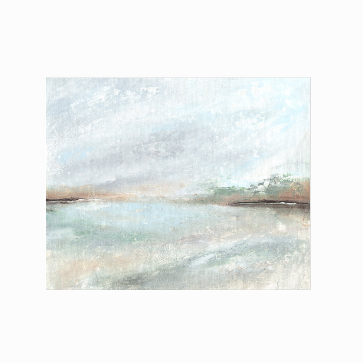 Radiance is a muted soft neutral color abstract landscape in pale gray, light blue, soft sage green, blue green, beige, tan, brown, and white; unframed by NLS Design. Large neutral gallery wall art for living rooms, bedrooms, entryways, offices, bathrooms, and above the softa and above the bed. Horizontal Sizes: 8x10, 11x14, 16x20, 18x24, 24x36, 30x40, 40x60 inches. Modern coastal, farmhouse, quiet luxury, modern, minimalist. Artwork by NLS Design, nlsdesignllc.com. Real art by a real artist - NO AI. 