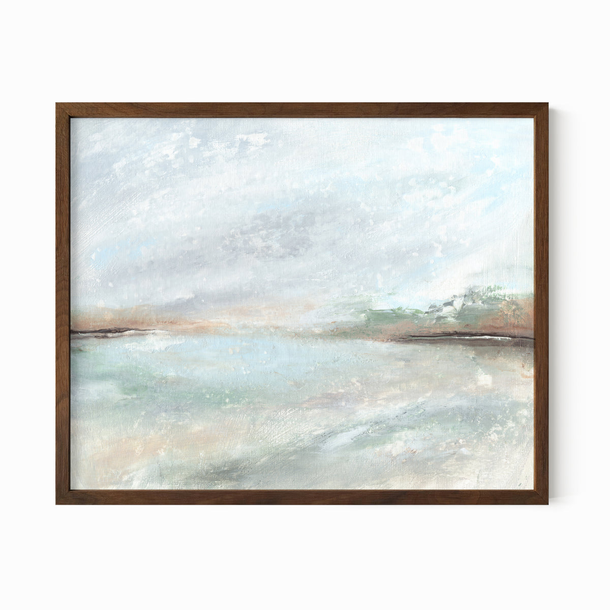Radiance is a muted soft neutral color abstract landscape in pale gray, light blue, soft sage green, blue green, beige, tan, brown, and white; walnut oak frame by NLS Design. Large neutral gallery wall art for living rooms, bedrooms, entryways, offices, bathrooms, and above the softa and above the bed. Horizontal Sizes: 8x10, 11x14, 16x20, 18x24, 24x36, 30x40, 40x60 inches. Modern coastal, quiet luxury, modern, minimalist. Artwork by NLS Design, nlsdesignllc.com. Real art by a real artist - NO AI. 