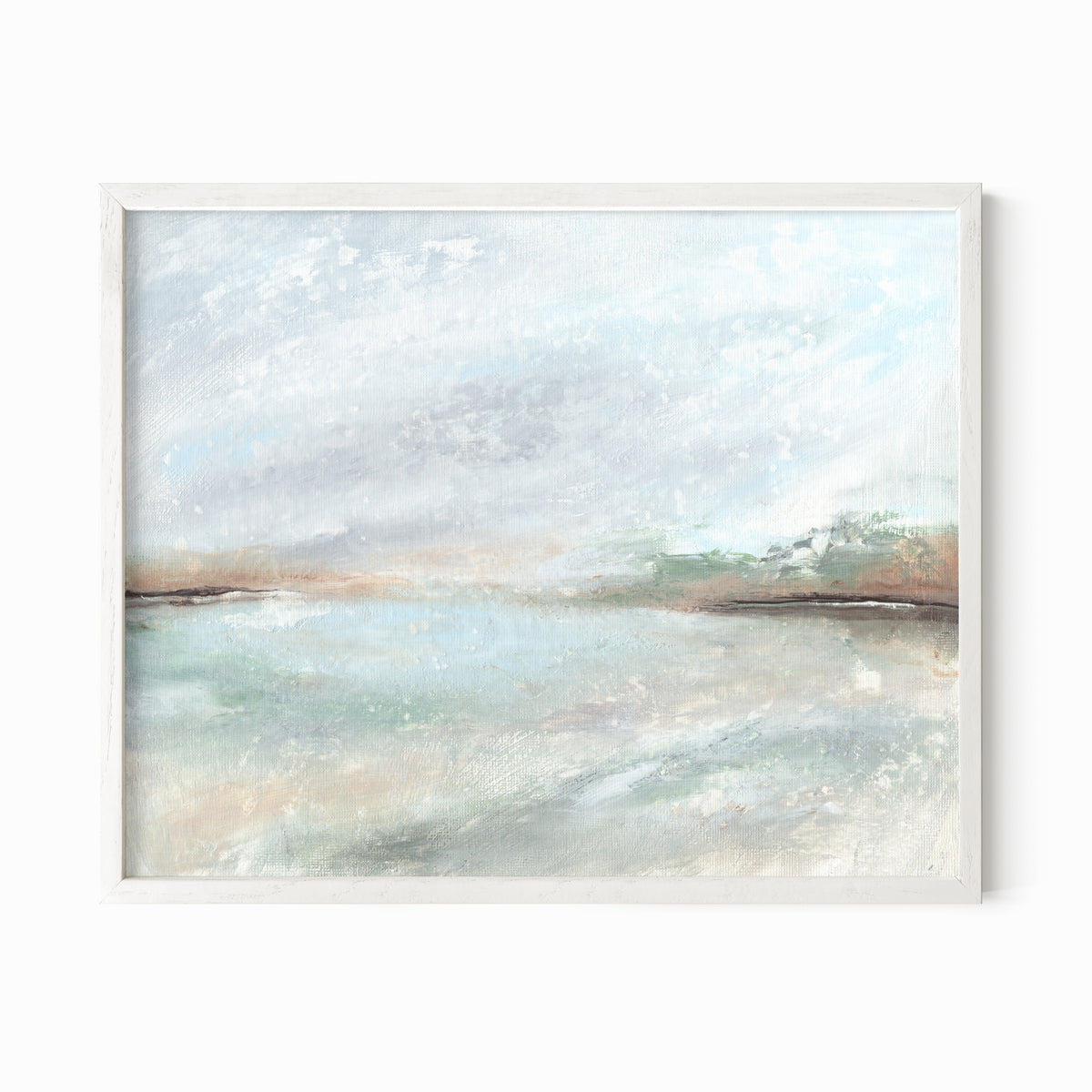 Radiance is a muted soft neutral color abstract landscape in pale gray, light blue, soft sage green, blue green, beige, tan, brown, and white; white oak frame by NLS Design. Large neutral gallery wall art for living rooms, bedrooms, entryways, offices, bathrooms, and above the softa and above the bed. Horizontal Sizes: 8x10, 11x14, 16x20, 18x24, 24x36, 30x40, 40x60 inches. Modern coastal, quiet luxury, modern, minimalist. Artwork by NLS Design, nlsdesignllc.com. Real art by a real artist - NO AI. 