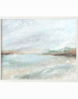 Radiance is a muted soft neutral color abstract landscape in pale gray, light blue, soft sage green, blue green, beige, tan, brown, and white; white oak frame by NLS Design. Large neutral gallery wall art for living rooms, bedrooms, entryways, offices, bathrooms, and above the softa and above the bed. Horizontal Sizes: 8x10, 11x14, 16x20, 18x24, 24x36, 30x40, 40x60 inches. Modern coastal, quiet luxury, modern, minimalist. Artwork by NLS Design, nlsdesignllc.com. Real art by a real artist - NO AI. 
