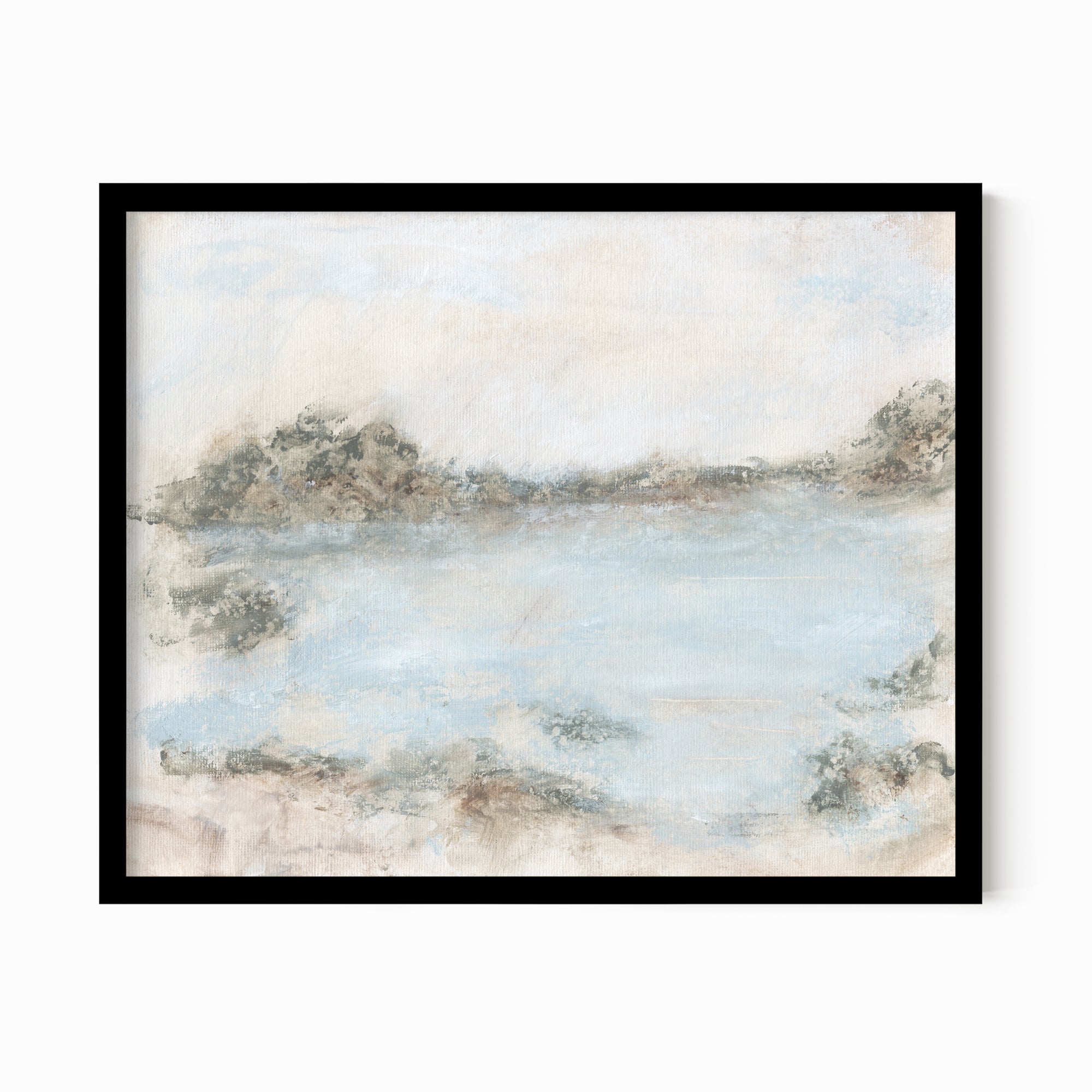 Rest - soft muted abstract landscape original painting fine are print in green, blue, beige, gray, cream, brown and white; framed in black oak by NLS Design. Large neutral wall art for living rooms, bedrooms, and above sofas.