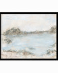 Rest - soft muted abstract landscape original painting fine are print in green, blue, beige, gray, cream, brown and white; framed in black oak by NLS Design. Large neutral wall art for living rooms, bedrooms, and above sofas.