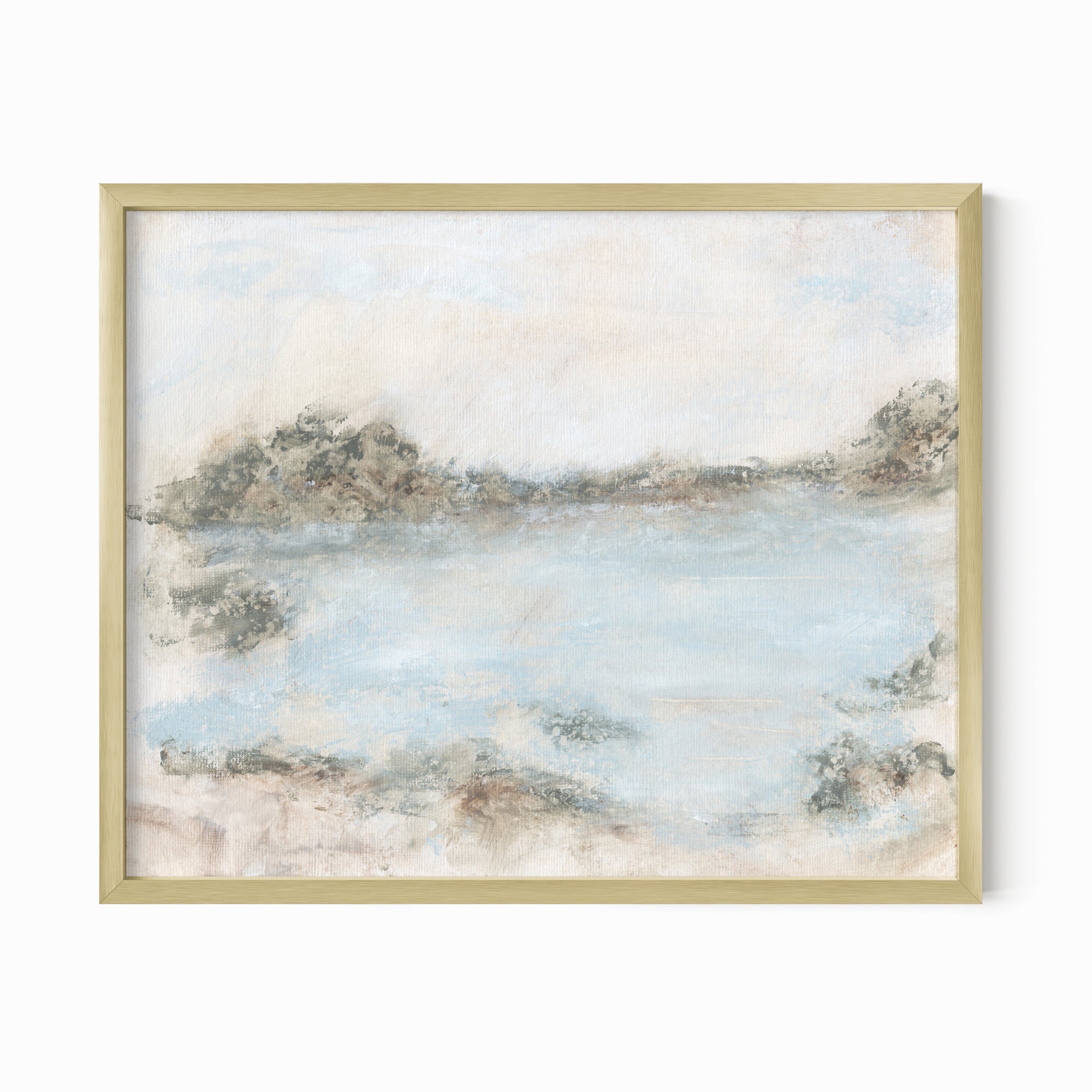 Rest - soft muted abstract landscape original painting fine are print in green, blue, beige, gray, cream, brown and white; framed in gold metal by NLS Design. Large neutral wall art for living rooms, bedrooms, and above sofas.
