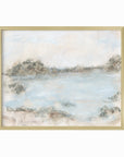 Rest - soft muted abstract landscape original painting fine are print in green, blue, beige, gray, cream, brown and white; framed in gold metal by NLS Design. Large neutral wall art for living rooms, bedrooms, and above sofas.