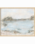 Rest - soft muted abstract landscape original painting fine are print in green, blue, beige, gray, cream, brown and white; framed in natural oak by NLS Design. Large neutral wall art for living rooms, bedrooms, and above sofas.