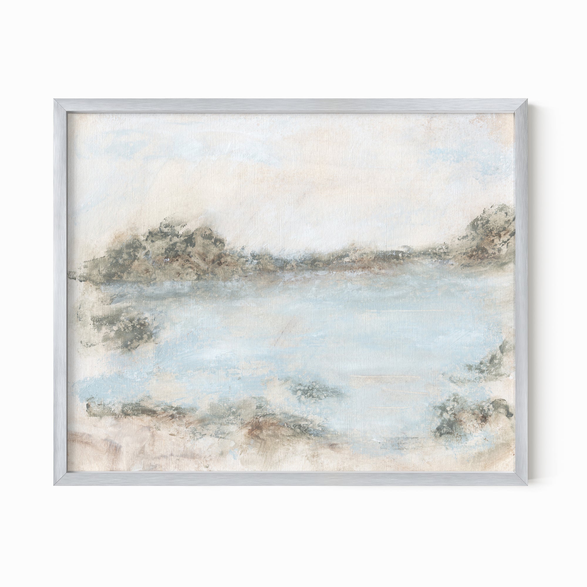Rest - soft muted abstract landscape original painting fine are print in green, blue, beige, gray, cream, brown and white; framed in silver metal by NLS Design. Large neutral wall art for living rooms, bedrooms, and above sofas.