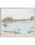 Rest - soft muted abstract landscape original painting fine are print in green, blue, beige, gray, cream, brown and white; framed in silver metal by NLS Design. Large neutral wall art for living rooms, bedrooms, and above sofas.